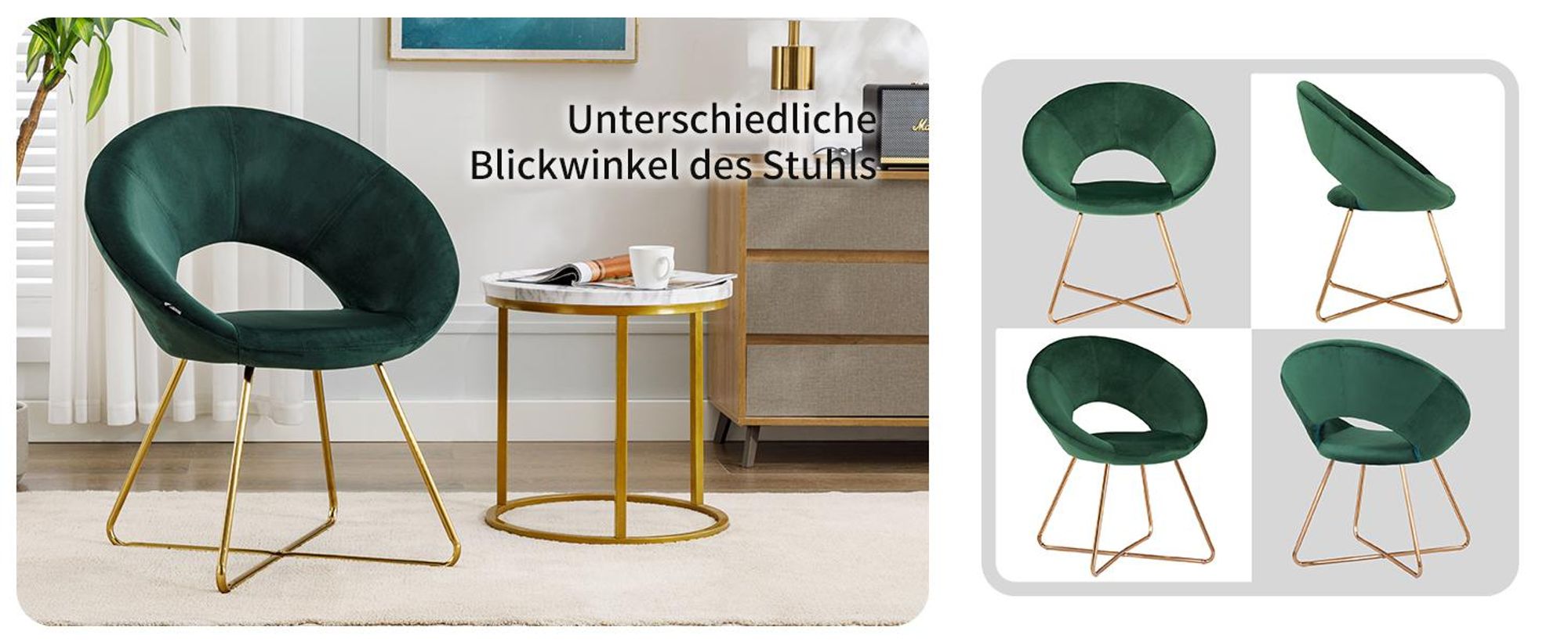 Duhome Esszimmerstuhl Schminktisch Stuhl Wohnzimmerstuhl Samt Sessel Küchenstuhl Polsterstuhl mit Gold Metallbeine, Dunkelgrün