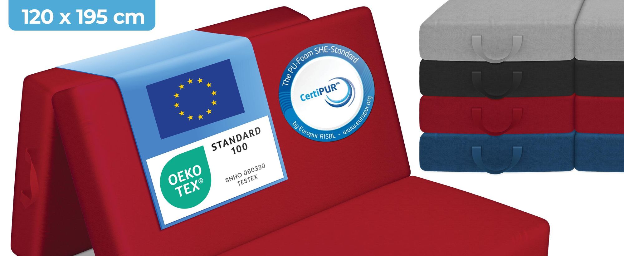 ELONEO Opklapbare matrassen, gastenmatrassen, 3-delige opvouwbare matrassen, extra dik schuim (15 cm), geschikt voor mensen met rugproblemen, opvouwbaar, (rood)