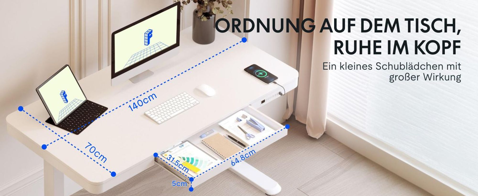 FlexiSpot Q3 Elektrisch Höhenverstellbarer Schreibtisch 140x70cm, mit USB, Schublade, LED-Display, 4 Speicherplätzen & Antikollisionsschutz, Weiß