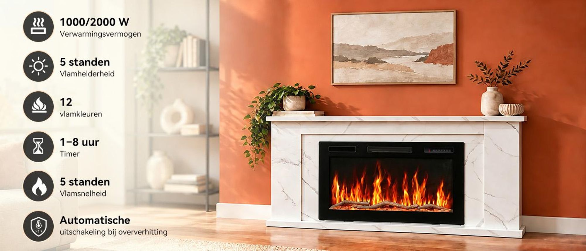 1000/2000 W met twee verwarmingsniveaus, vlam en verwarming afzonderlijk te gebruiken