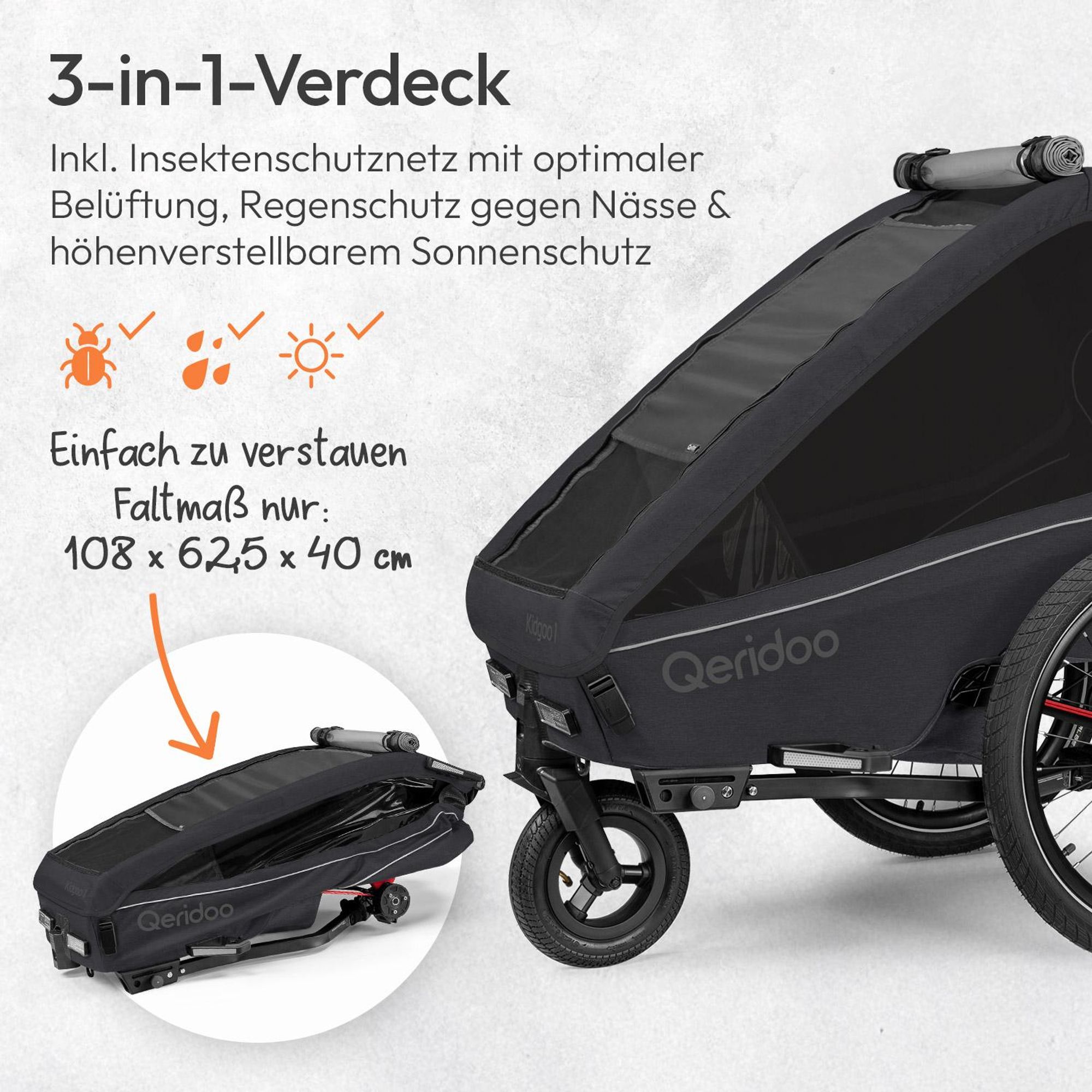 Qeridoo Kidgoo 1 - Kinderfahrradanhänger für 1 Kind, Farbe: Phantom Grey