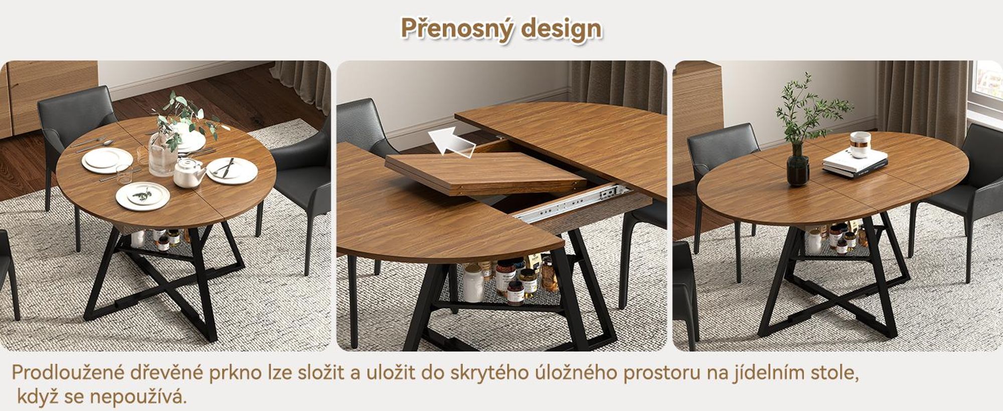 Rozkládací jídelní stůl Puluomis s úložným prostorem, rozměry 100-130 cm, vhodný pro 2-6 osob, s úložnými přihrádkami a otevřenými policemi, nosnost 120 kg, ideální do obývacího pokoje nebo jídelny