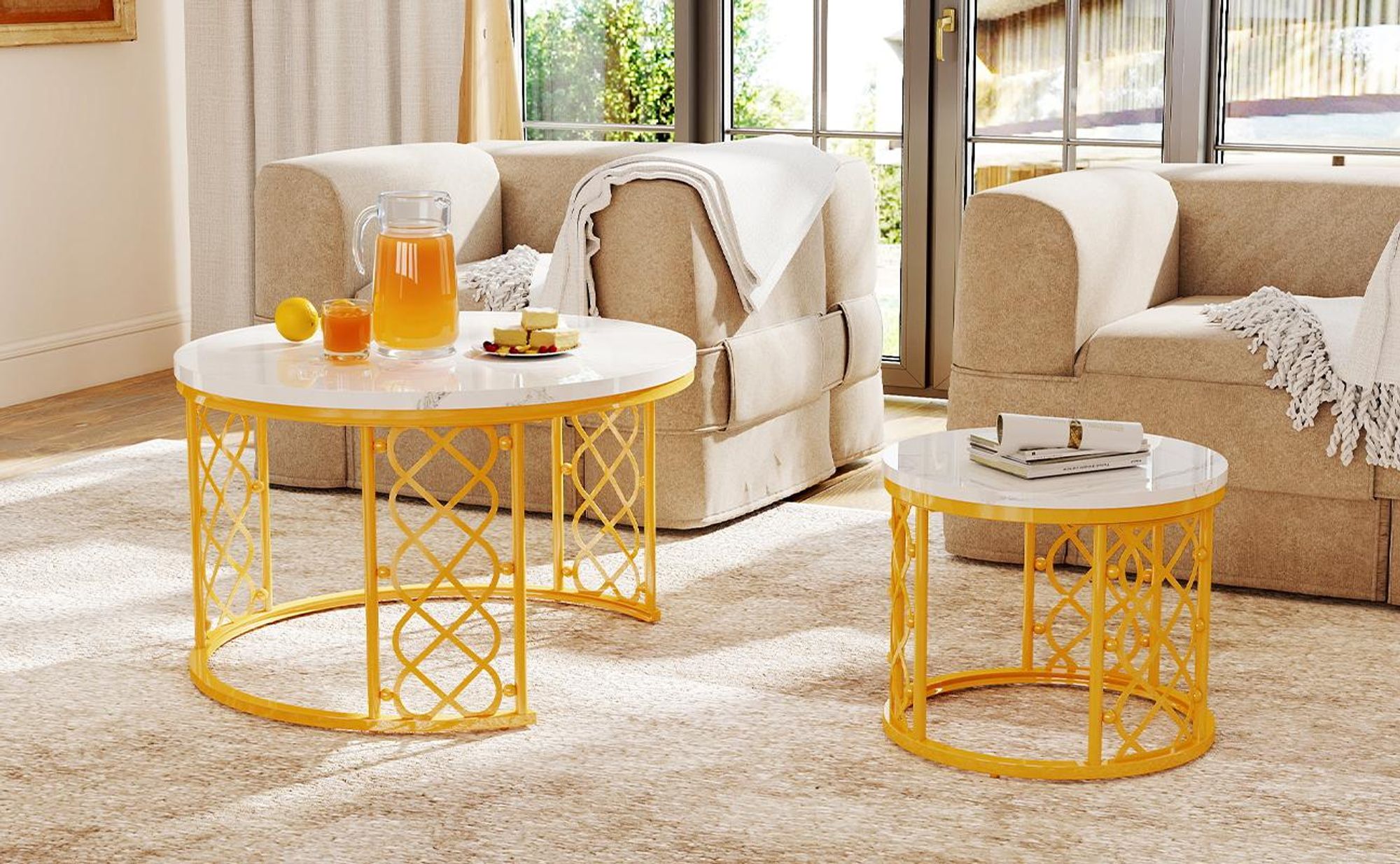 MODFU Couchtisch rund Gold,2er set Sofatisch mit weiße Tischplatte,Wohnzimmertisch, Satztische, Beistelltisch für Schlafzimmer und Wohnzimmer