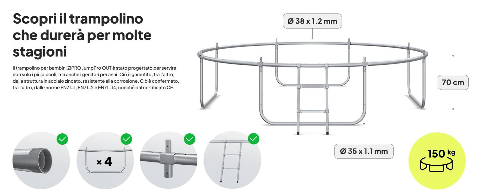 ZIPRO Trampolino Jump Pro Premium | 10FT Ø 312 cm | Trampolino da giardino Trampolino per bambini Set completo incl. rete, scaletta e copertura perimetrale, per esterni, verde