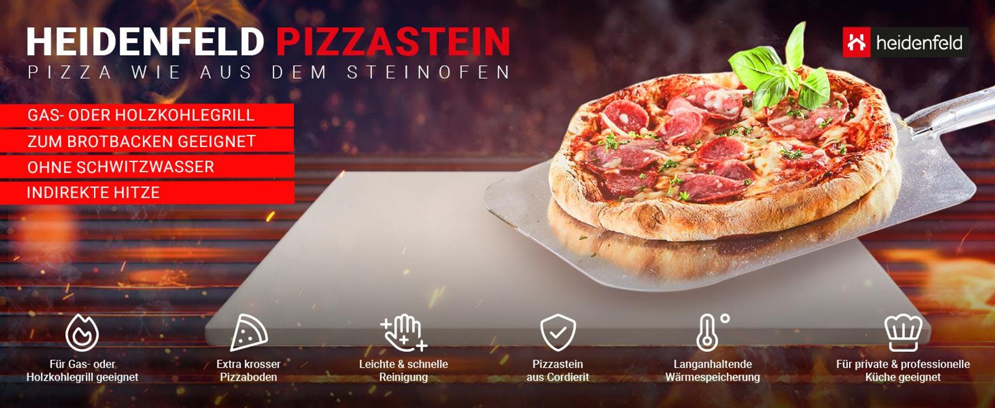 Heidenfeld XXL Pizzastein 46,5 x 35,5 x 1,5 cm | Cordierit Stein - Rechteckig - Steinplatte - Backofen, Grill & Steinofen - Brot Backen - Gasgrill