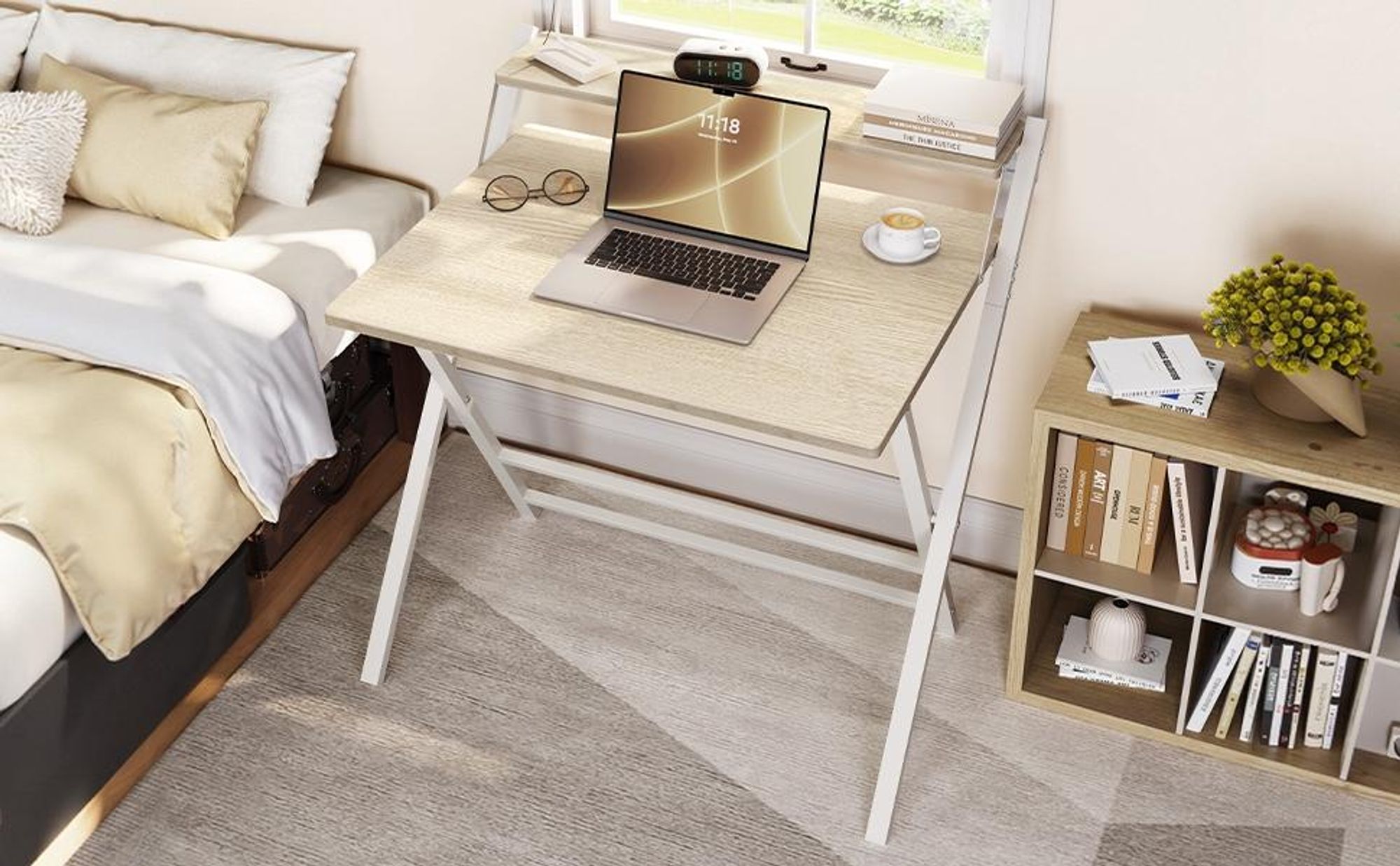 Yaheetech Schreibtisch klappbarer Computertisch mit Monitorständer 2-stufiger Arbeitstisch mit Ablage Laptoptisch