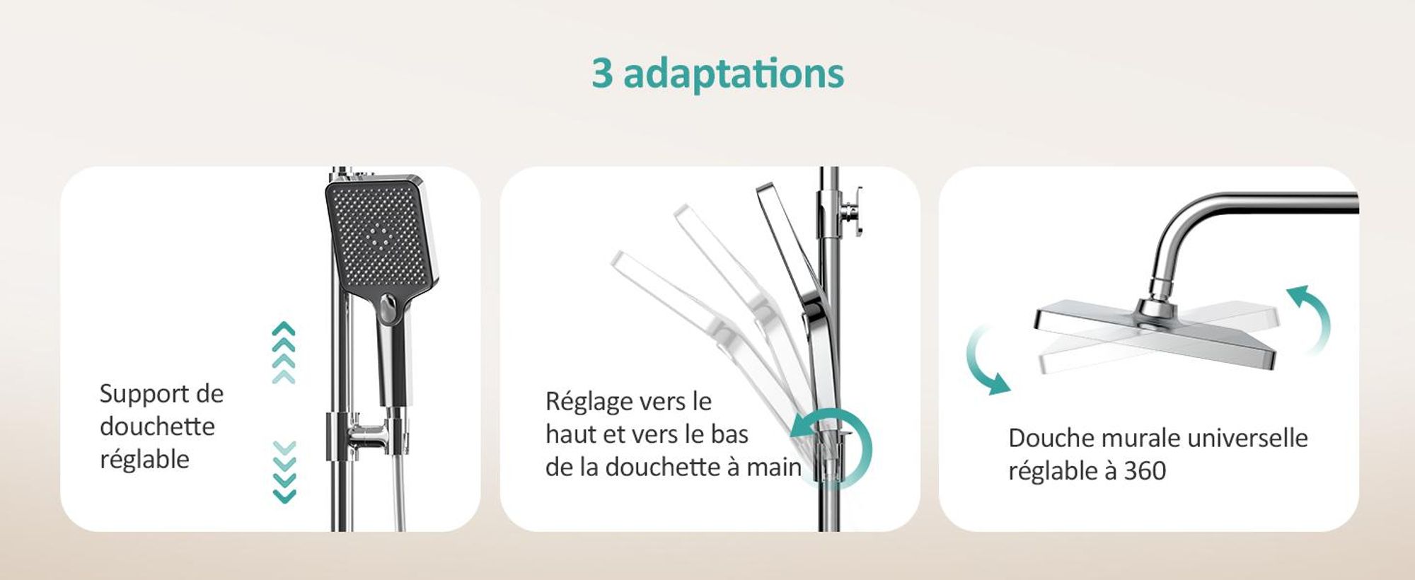 EMKE Système de douche avec thermostat en acier inoxydable Ensemble de douche avec douchette à main 3 fonctions, douche à effet pluie, panneau de douche, robinetterie de salle de bains & douche, KTW, chrome - F08