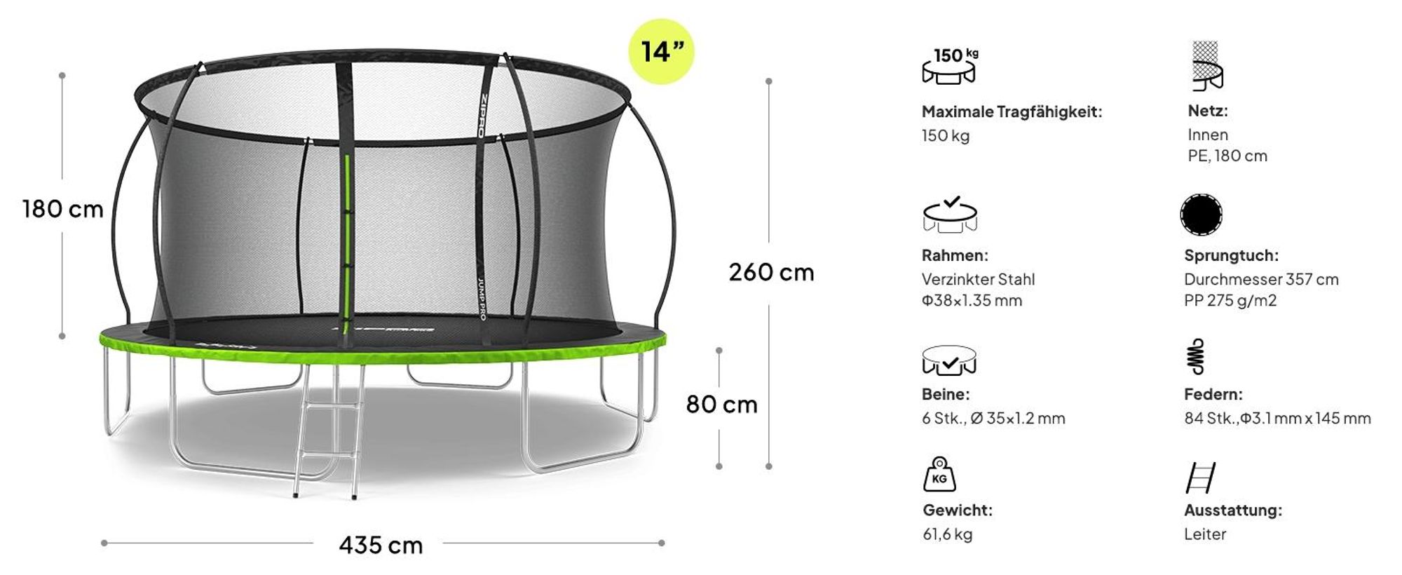 ZIPRO Trampolin Jump Pro Premium | 14FT Ø 435 cm | Gartentrampolin Kindertrampolin Komplett-Set inkl. Netz, Leiter & Randabdeckung, Outdoor, Grün