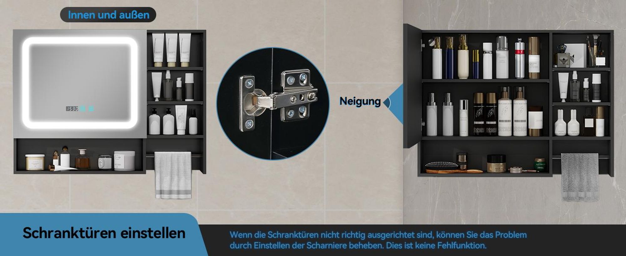 Puluomis Spiegelschrank Bad 80cm mit 3 färbiger dimmbarer Beleuchtung, Digitaler Uhr Handtuchhalter Antibeschlag Badezimmerschrank Wandschrank schwarz