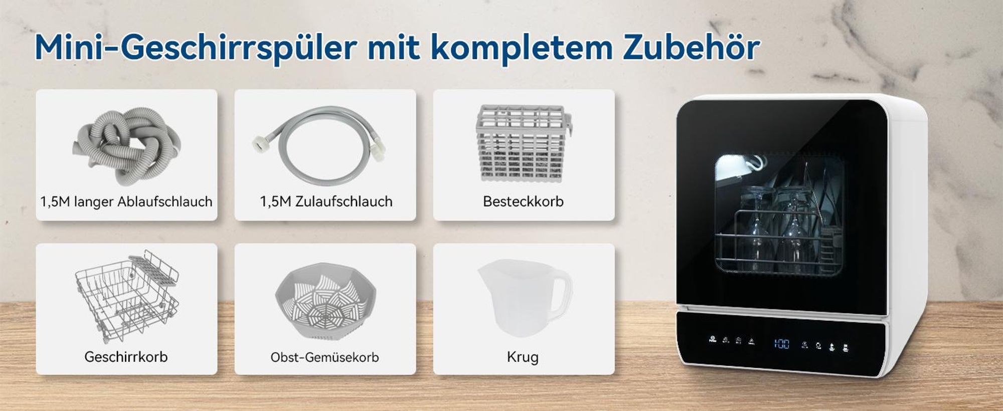 Puluomis Mini Geschirrspüler freistehend, Geschirrspülmaschine mit mit 7 Programe für 3 Gedecke, funktioniert mit/ohne Wasseranschluss, Schwarz