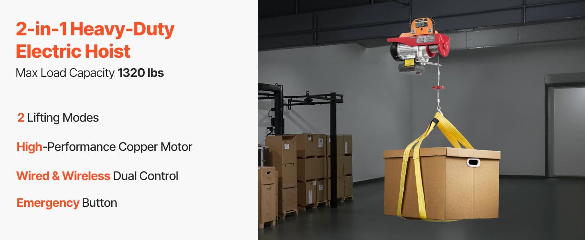 VEVOR Elektrischer Flaschenzug, 1320 lbs 230 V elektrische Seilwinde mit 328 ft kabelloser und 14 ft kabelgebundener Fernbedienung, 40 ft Hubhöhe mit Einzelkabel, Einzel-/Doppelschlingen, Hebezeug für Garage, Lager, Fabrik