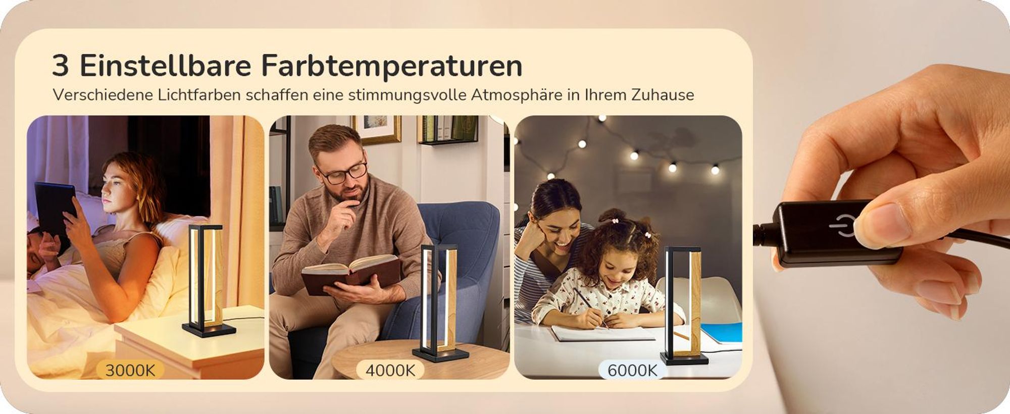 EDISHINE Nachttischlampe Touch Dimmbar, Moderne Tischlampe mit 3 Farbtemperaturen und Memory-Funktion, Metall & Holz Design,35cm