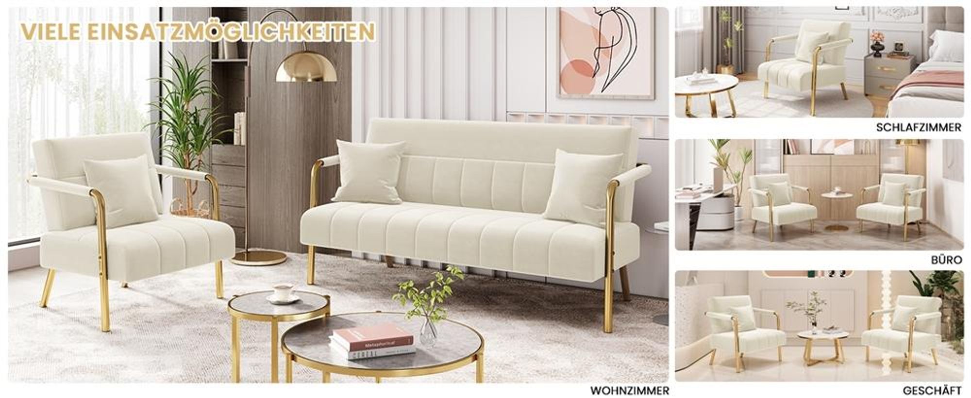 Yaheetech Samtiger Sessel Polstersessel mit Metallbeinen & Kissen, Einzelsessel Loungesessel, Beige