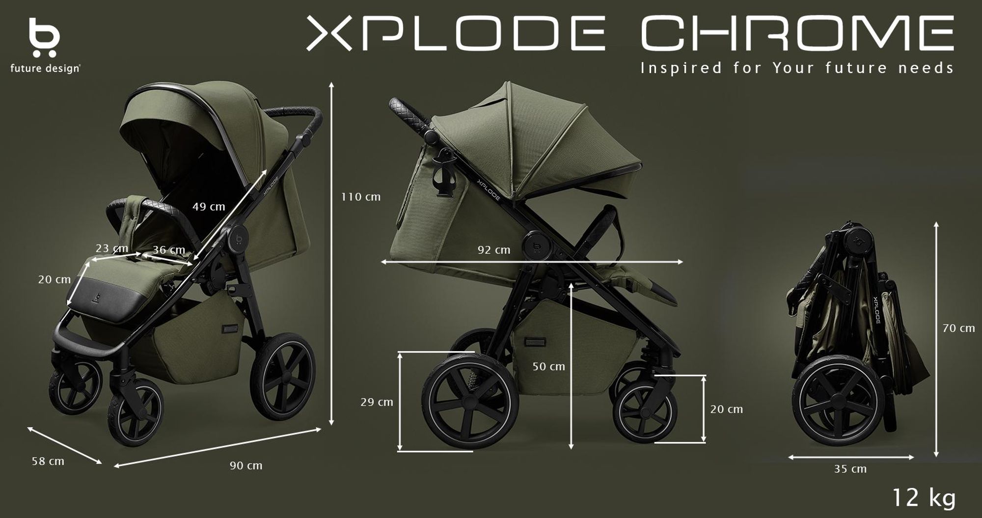 4Baby | Kočárek - Kočárek Buggy - Olivový - Sportovní kočárek s nafukovacími koly - Ochrana proti slunci UV50 - Skládání jednou rukou - Do 22 kg - Xplode Chrome