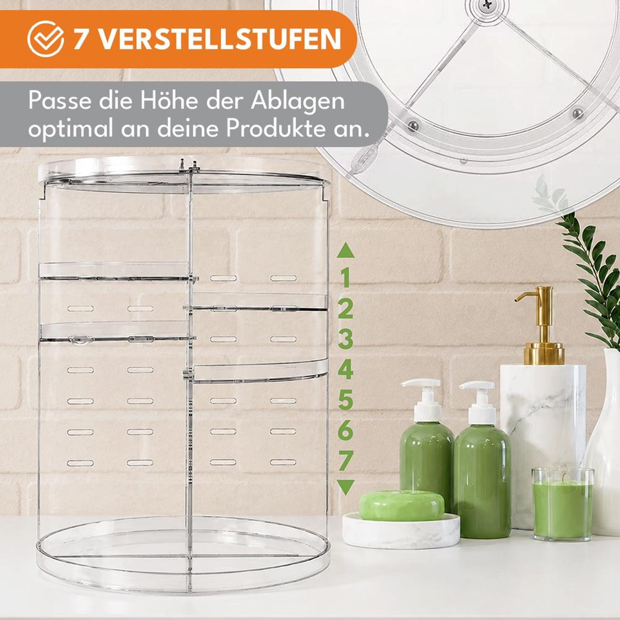 KRUMAD Schminktisch Organizer, Kosmetik Organizer drehbar, Make-up und Parfüm Aufbewahrung, 7 Höhenstufen, verstellbare Böden, Kunststoff