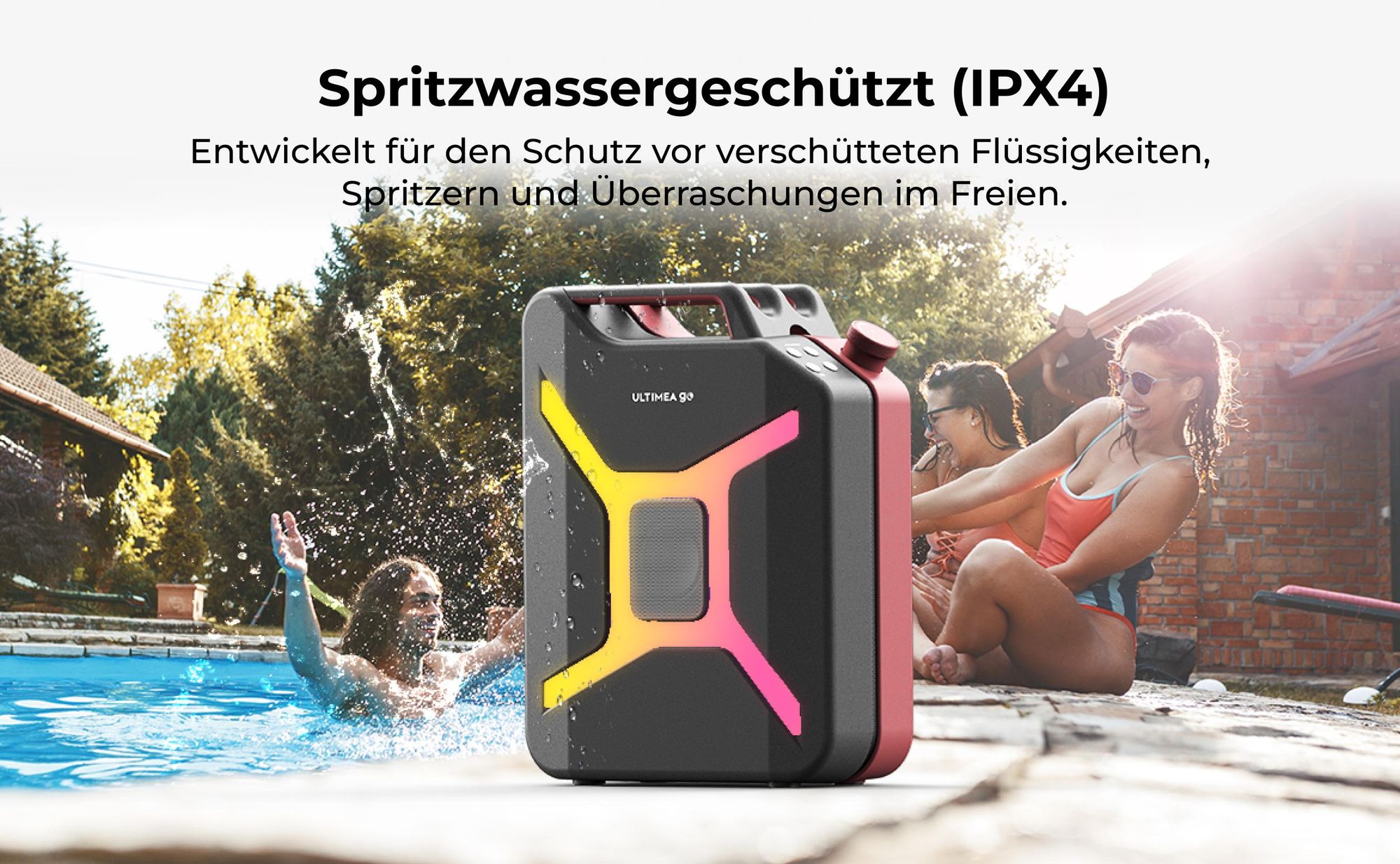 ULTIMEA Go tragbarer Party-Lautsprecher, 300 W Bluetooth PartyBox mit Bass-Boost, RGB-Beleuchtung, Mikrofon-/Gitarreneingang, Party & Outdoor, Rot