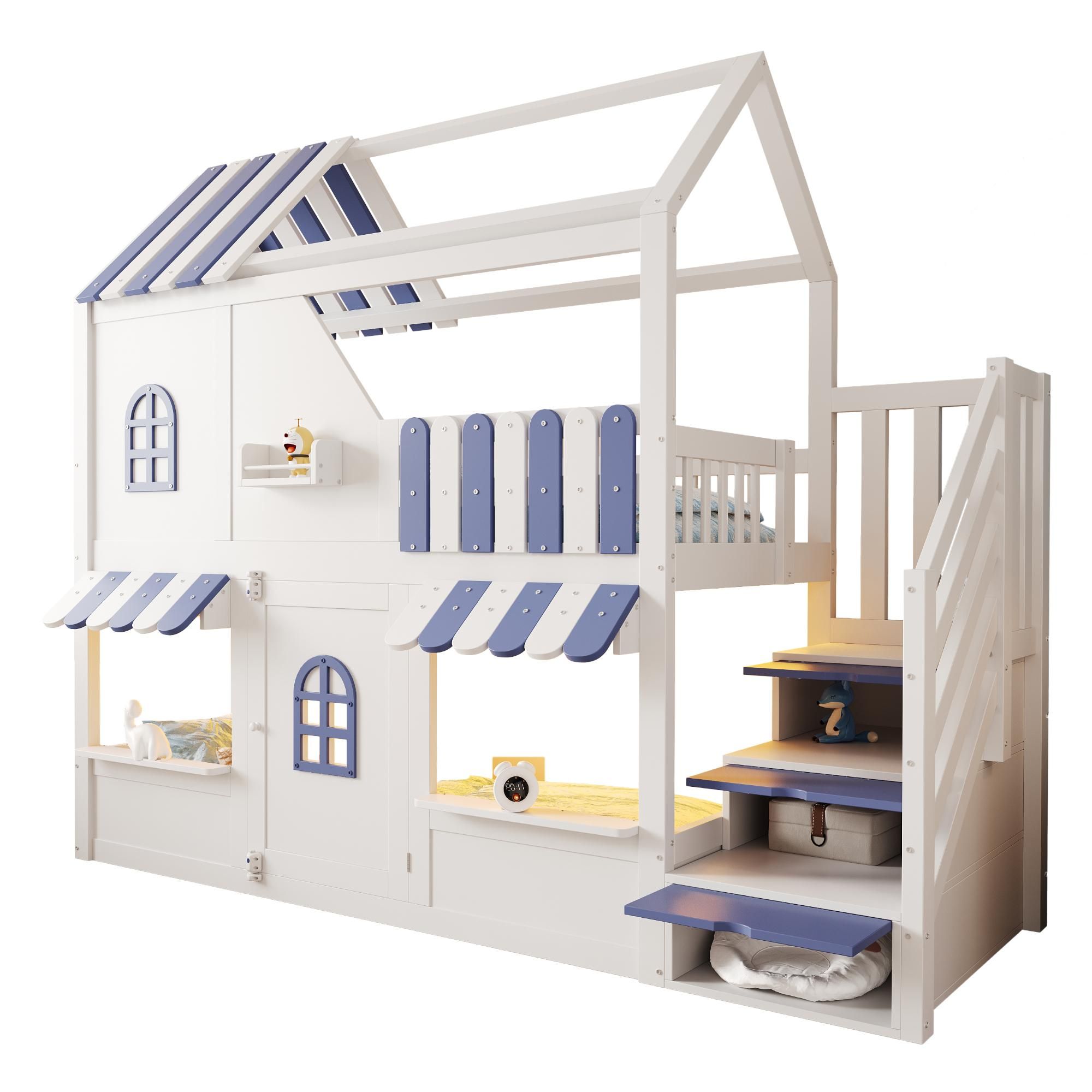 Flieks Etagenbett 90x200cm mit Led, Kinderbett Hausbett mit Fenster und Dach, Kinder Hochbett mit Treppe und Stauraum, Einzelbett Holzbett Weiß Blau