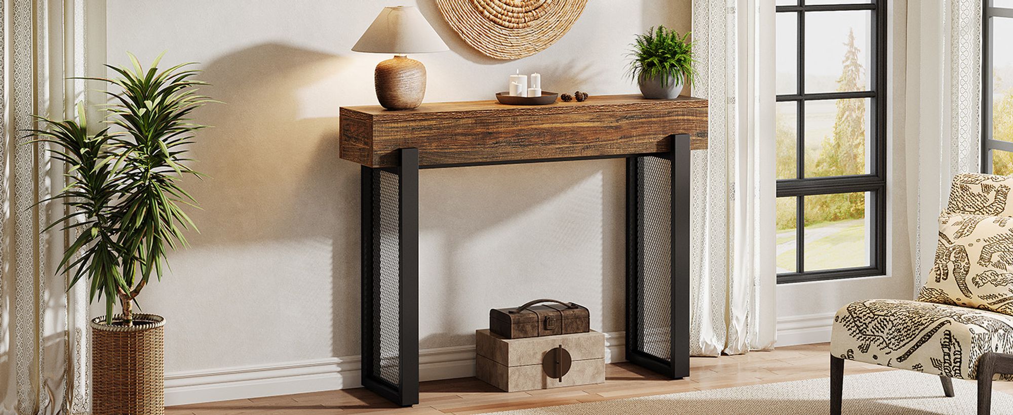 Tribesigns Konsolentisch mit Stauraum, 105 cm Eingangstisch im Industriestil aus Metallgeflecht, schmaler Sofatisch für Wohnzimmer, Flur, rustikal