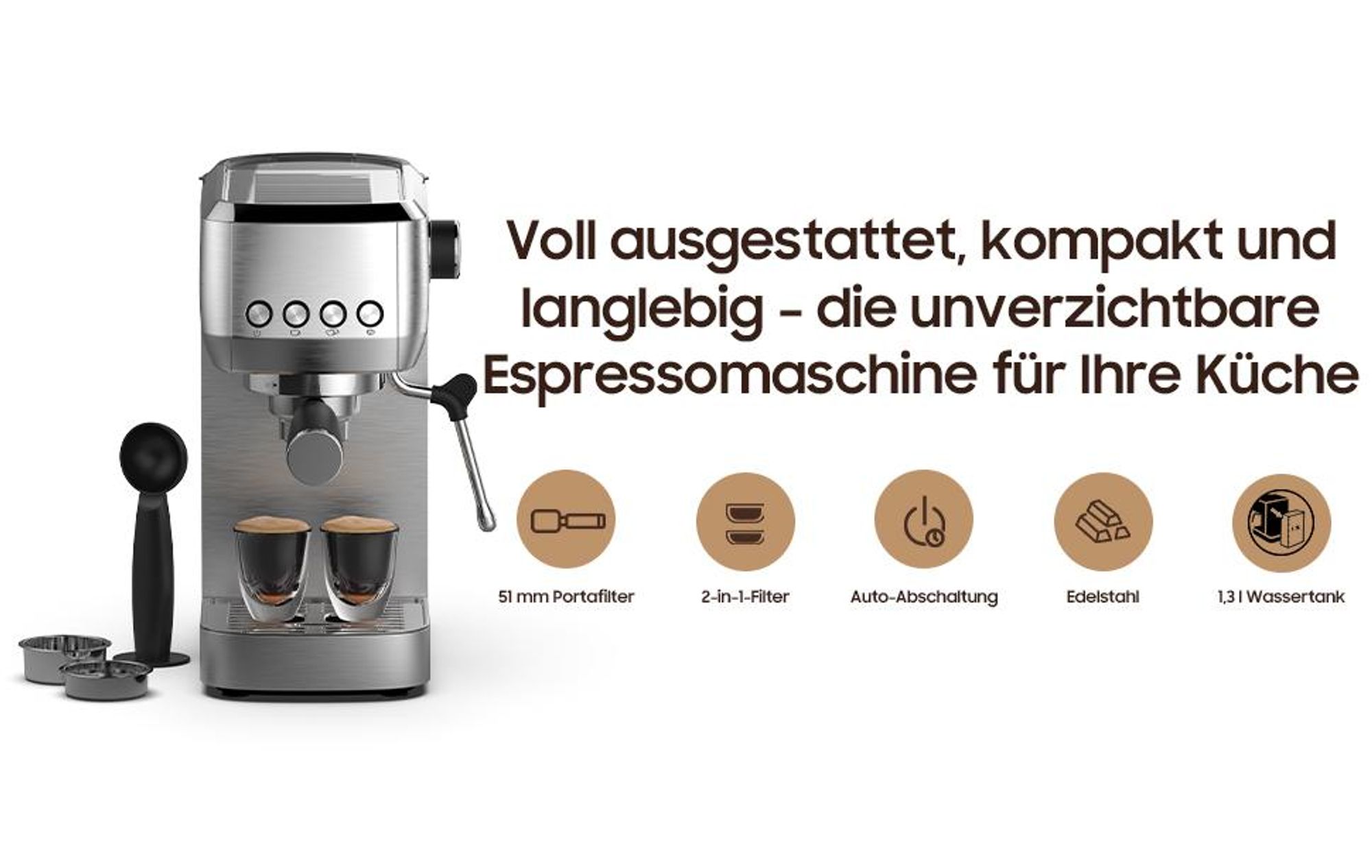 Espressomaschine mit Milchschaumdüse CM1662B 1350W, 20 Bar Espressodruck, Perfetto Compact Portafilter Espresso Machine, Metall