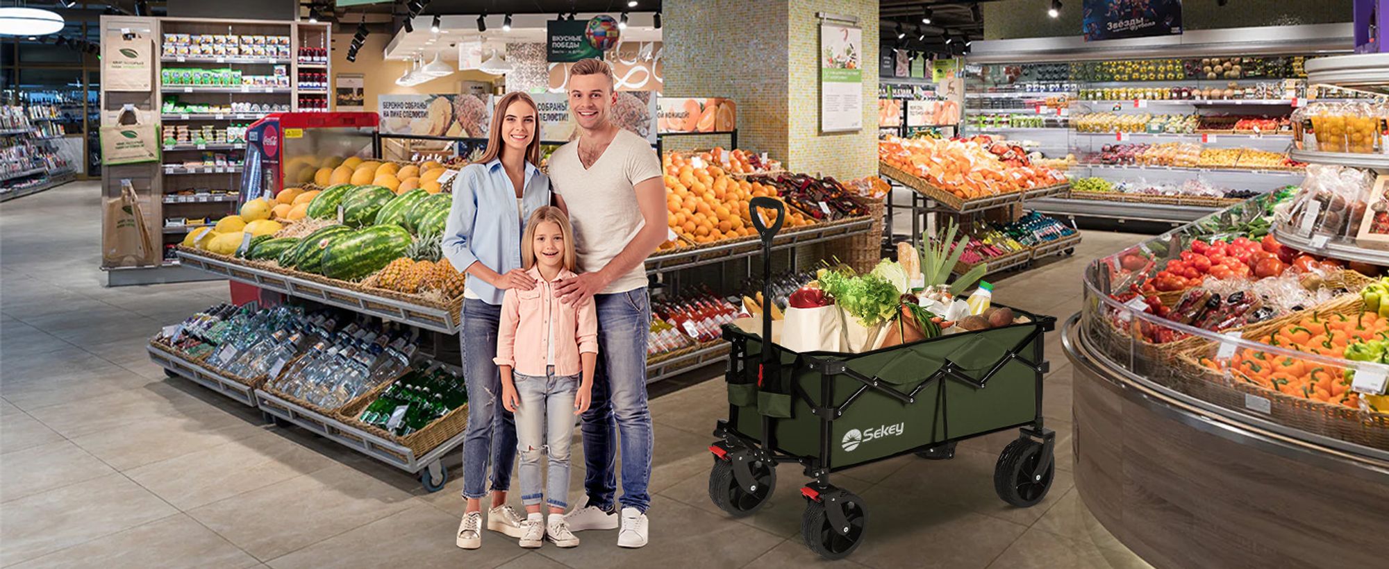 Sekey 150 KG Bollerwagen Faltbar Handwagen mit Bremsen und breiten Reifen, Dunkelgrün