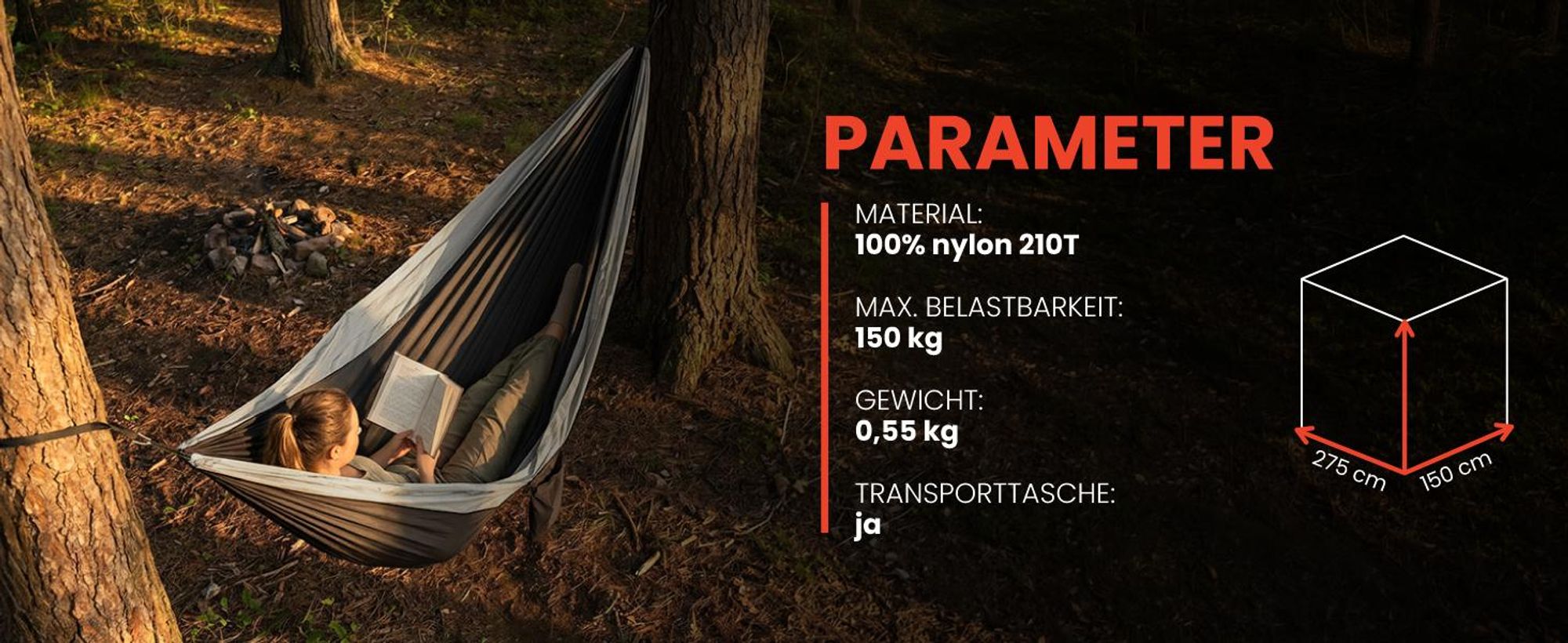 Epifit Hängematte 275x150 cm bis 150 kg – Ultraleichte Camping Reisehängematte mit Seitentasche für Garten & Balkon