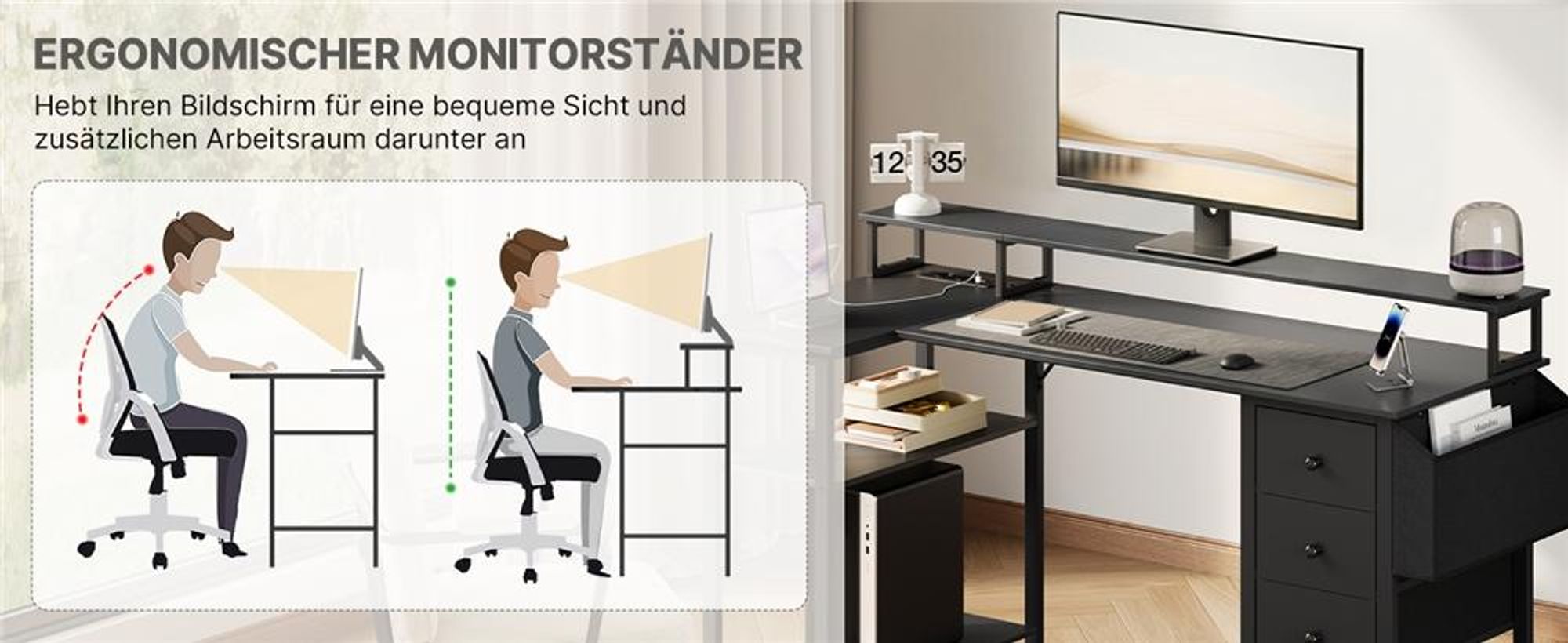 Yaheetech L-förmiger Computertisch, Schreibtisch mit Ladestation, umkehrbarer Gaming-Tisch, mit Monitorhalterung & Aufbewahrungstasche, Schwarz