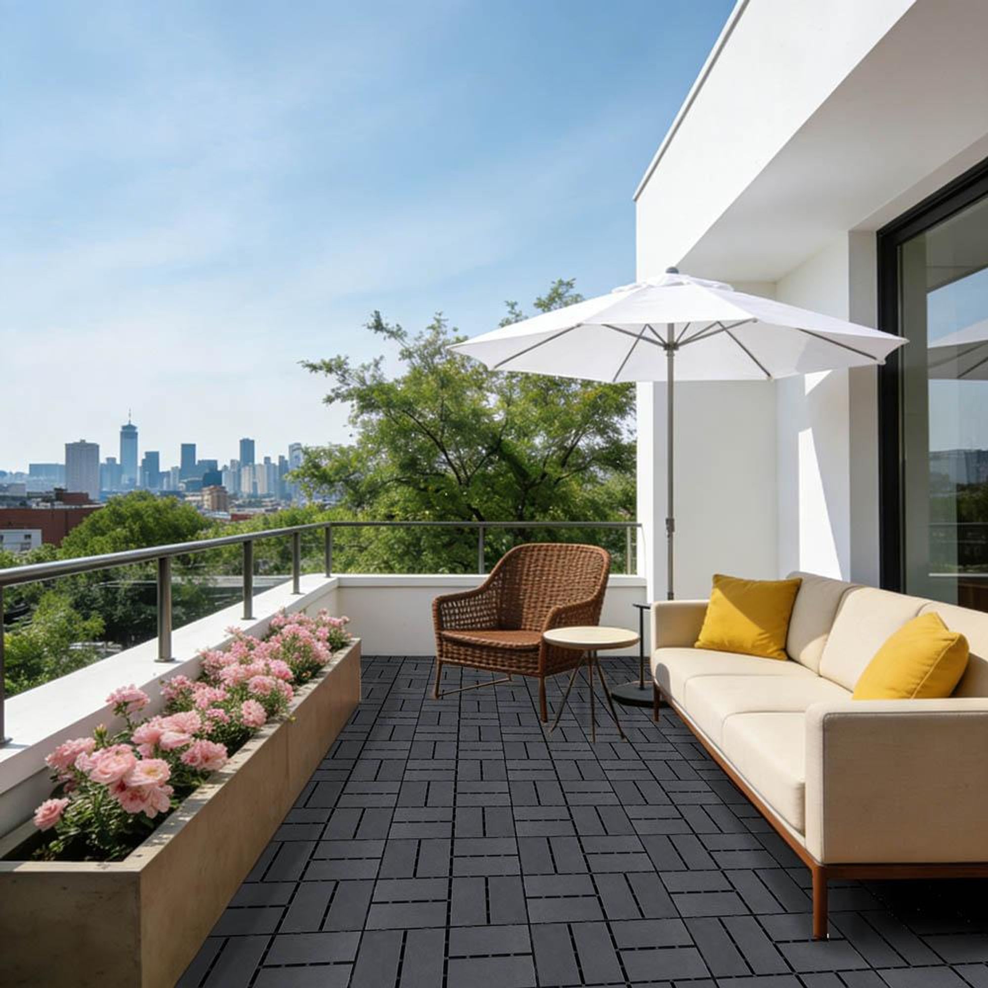 44-teilig Terrassenfliesen Set 30X30cm WPC Klickfliese 4qm Balkonfliesen Terrassenfliesen Holzoptik Fliese Terrassendielen Balkon, Grau