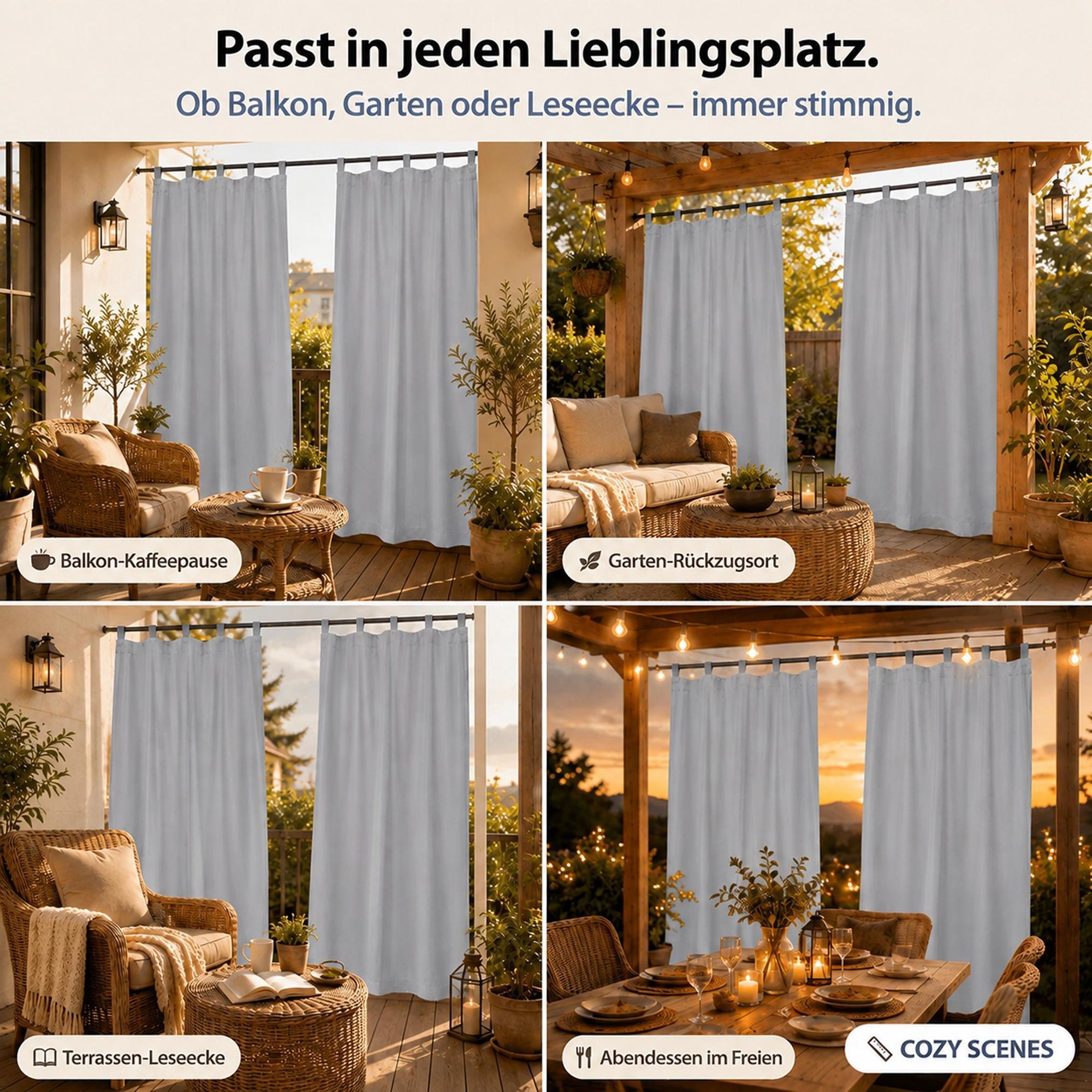 2Stk Outdoor Vorhang Wasserdicht mit Klettverschluss Schlaufen - Hellgrau Thermovorhang Blickdicht Garten Terrasse Pergola Balkon B*H: 132x241cm
