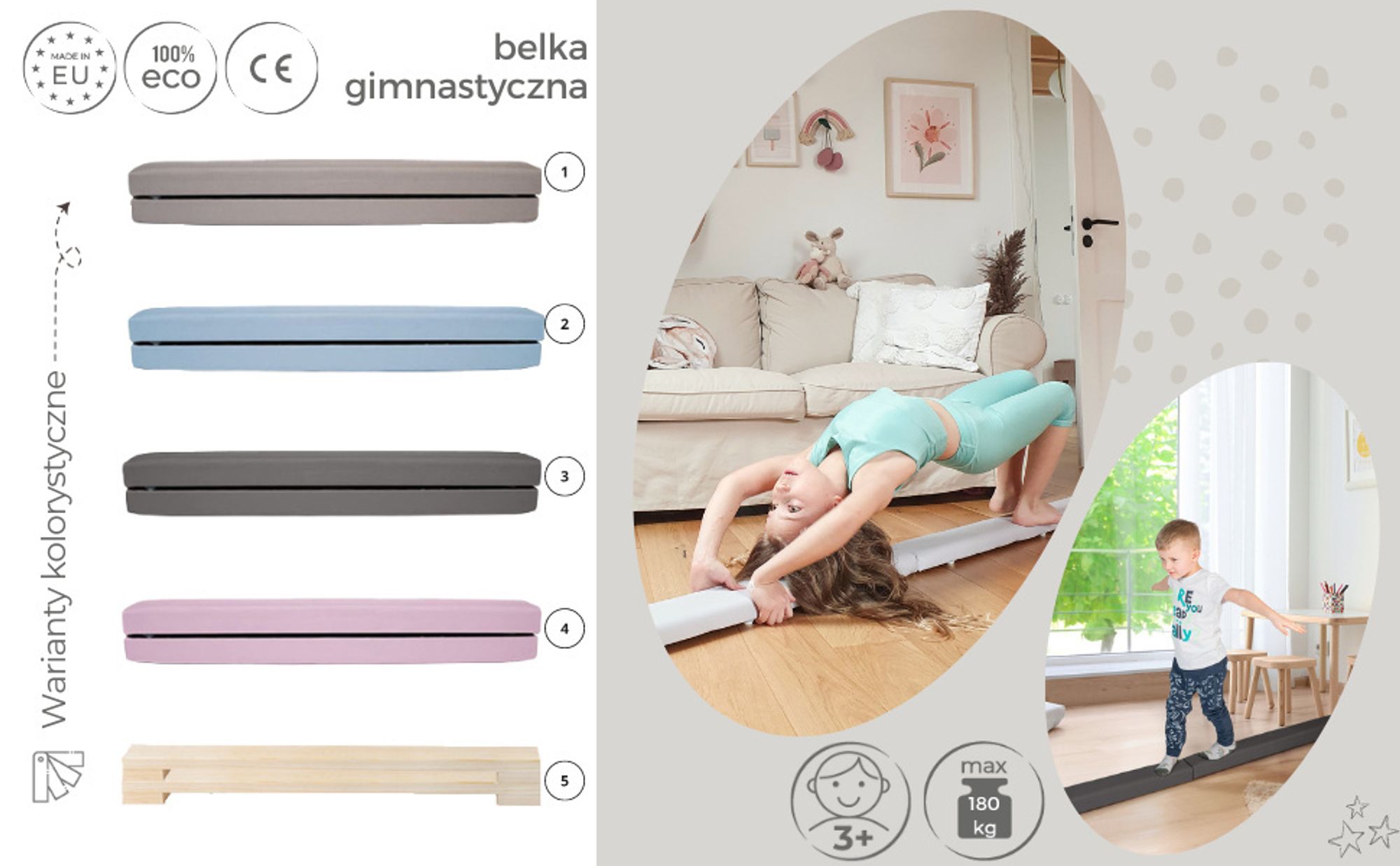 Faltender Schwebebalken für Kinder (207 cm) | Gepolsterte Turngeräte für Zuhause Anti-Rutsch Gymnastik Kinder | 100% ECO | EU