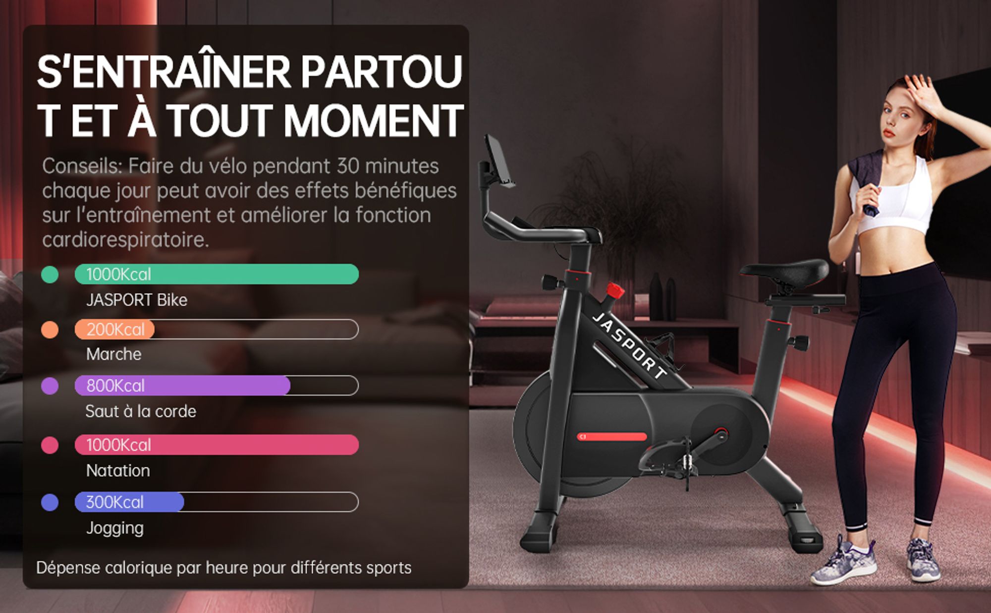 JASPORT C3 – vélo d’appartement connecté, résistance magnétique, silencieux, volant 7,5kg, app avec cours vidéo à la demande