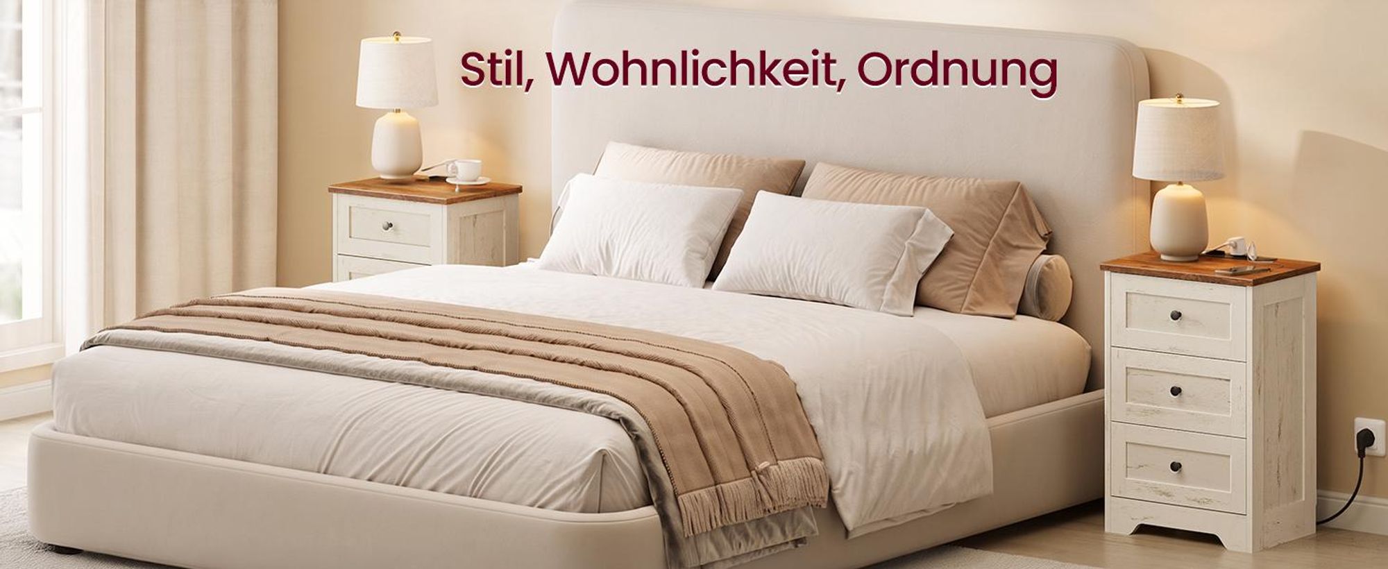 VASAGLE Nachttisch mit Steckdose und 3 Schubladen, 40 x 30 x 59 cm, Weiß und Braun