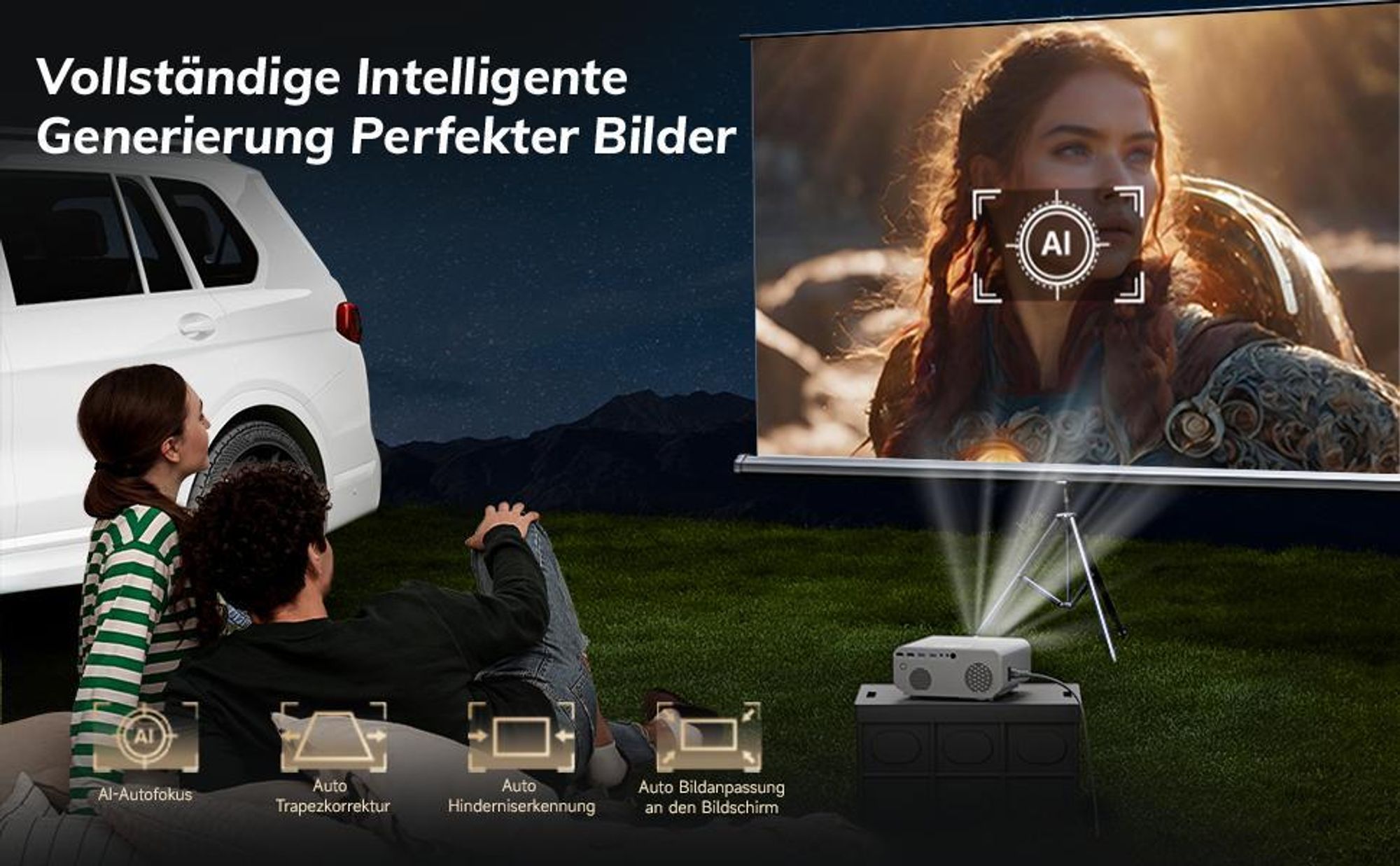 2026 Neuer Smart Beamer 4K Heimkino mit Offiziell Netflix (Autofokus) Beamer, Full HD 1080P, Auto Trapezkorrektur, Auto Hindernisvermeidung