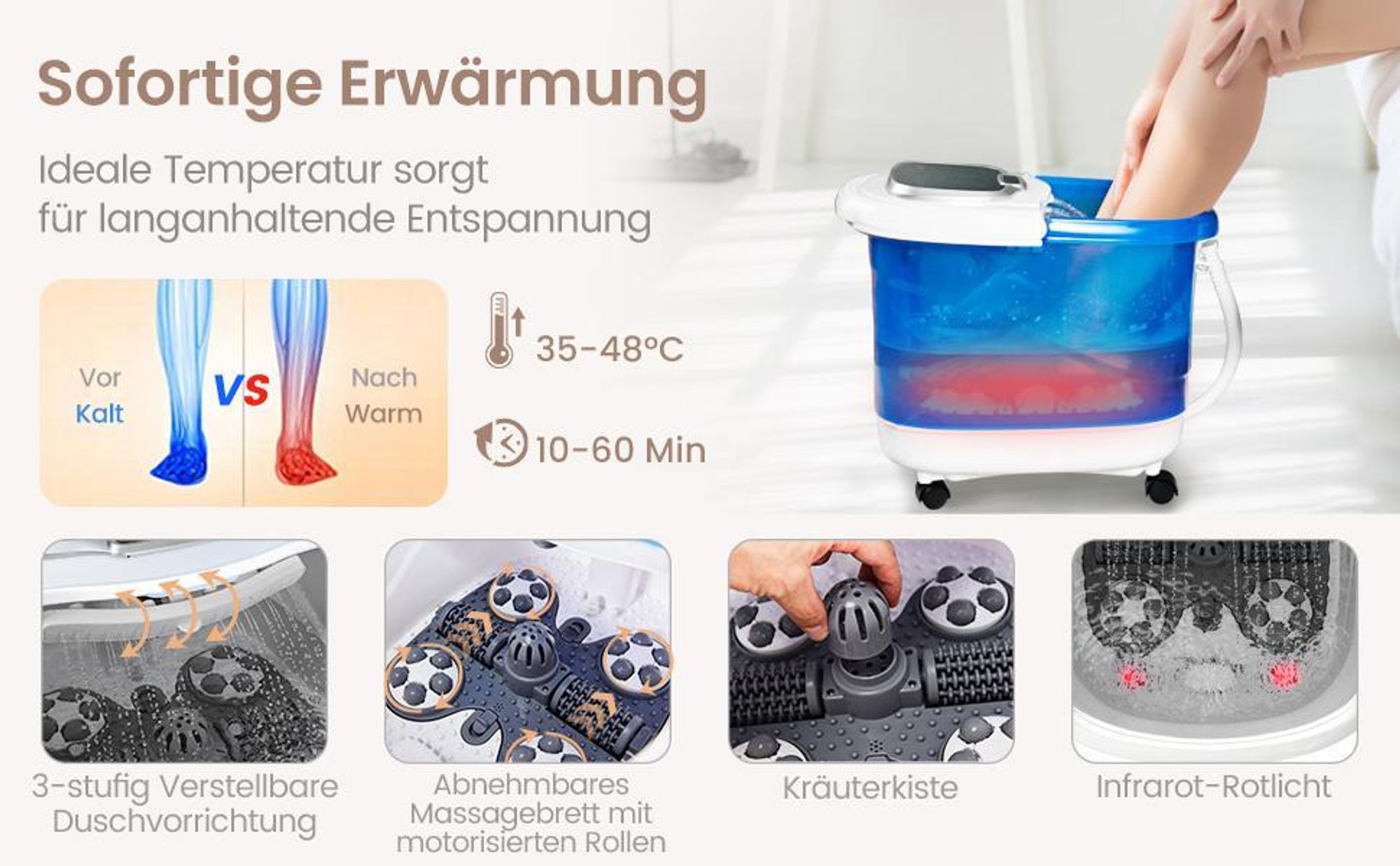 COSTWAY Fußsprudelbad 500W, Fußbad Shiatsu-Massagegerät mit 35-48℃ Heizung & Massagerollen, elektrische Fußbadewanne Fußmassage 10-60min Timer Braun