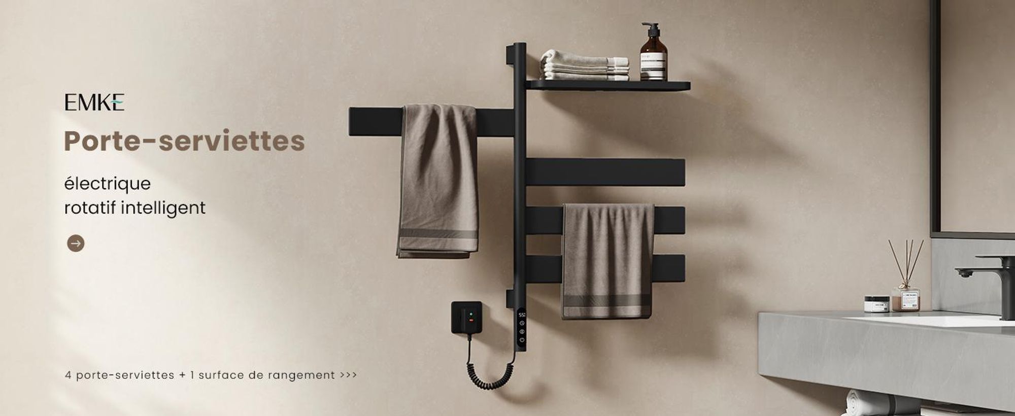 EMKE Sèche-serviettes électrique avec porte-serviettes pivotant et tablette, Thermostat WiFi,vocale, Minuterie, 76x45x14 cm noir