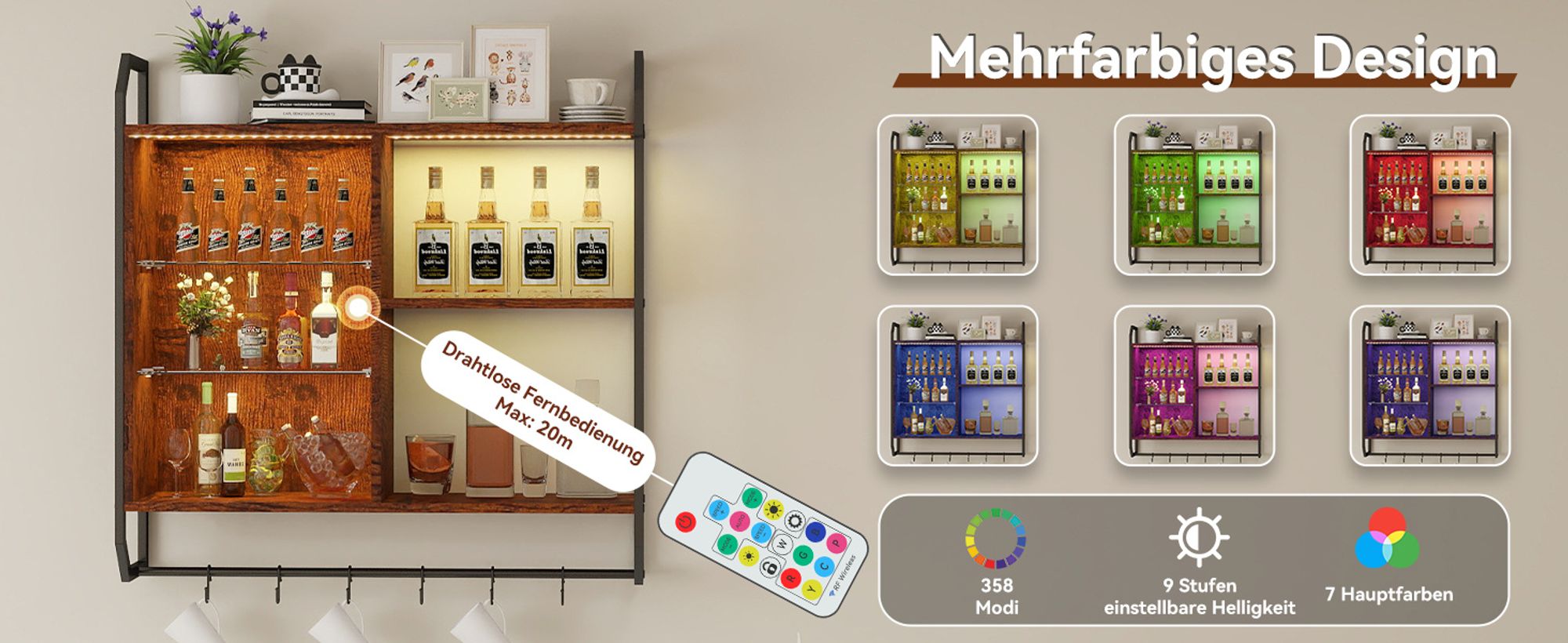 Puluomis Verstellbare Wandregal mit 6 Ablagen, 83x20x80cm, Holz Metall Hängeregal, RGB-LED-Lichter, Glas-Schweberegal, mit Hängestange Braun Schwarz