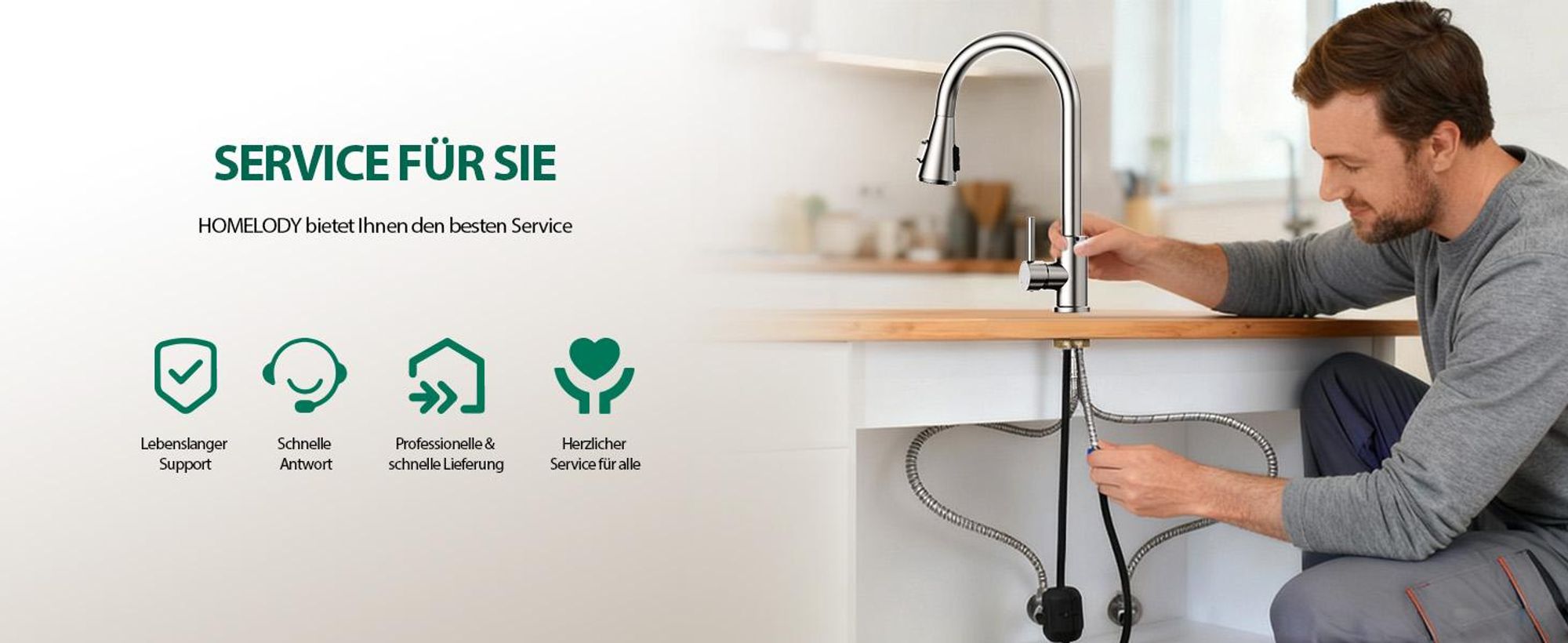 Homelody Wasserhahn Küche mit 2 Strahlarten,360° Drehbar Küchenarmatur,Edelstahl Spültischarmatur,Hochdruck Armatur,Mischbatterie Küche Matt Gebürstet