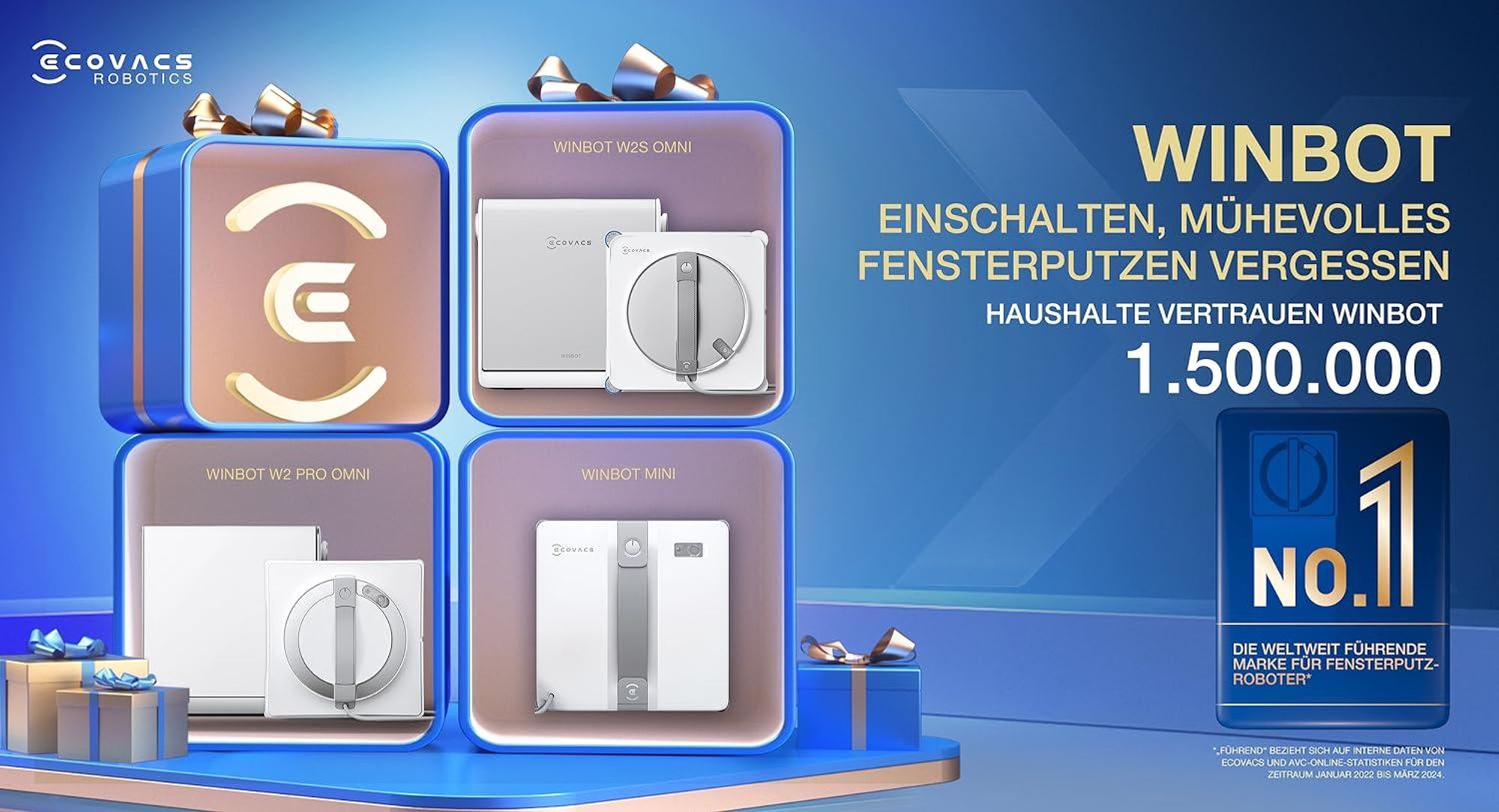 ECOVACS WINBOT ‎W2 PRO Omni Fensterputzroboter mit 6-in-1 Multifunktionsstation,Aufladen im Betrieb, 3-Düsen-Sprühkopf, 12-Stufen-Schutz
