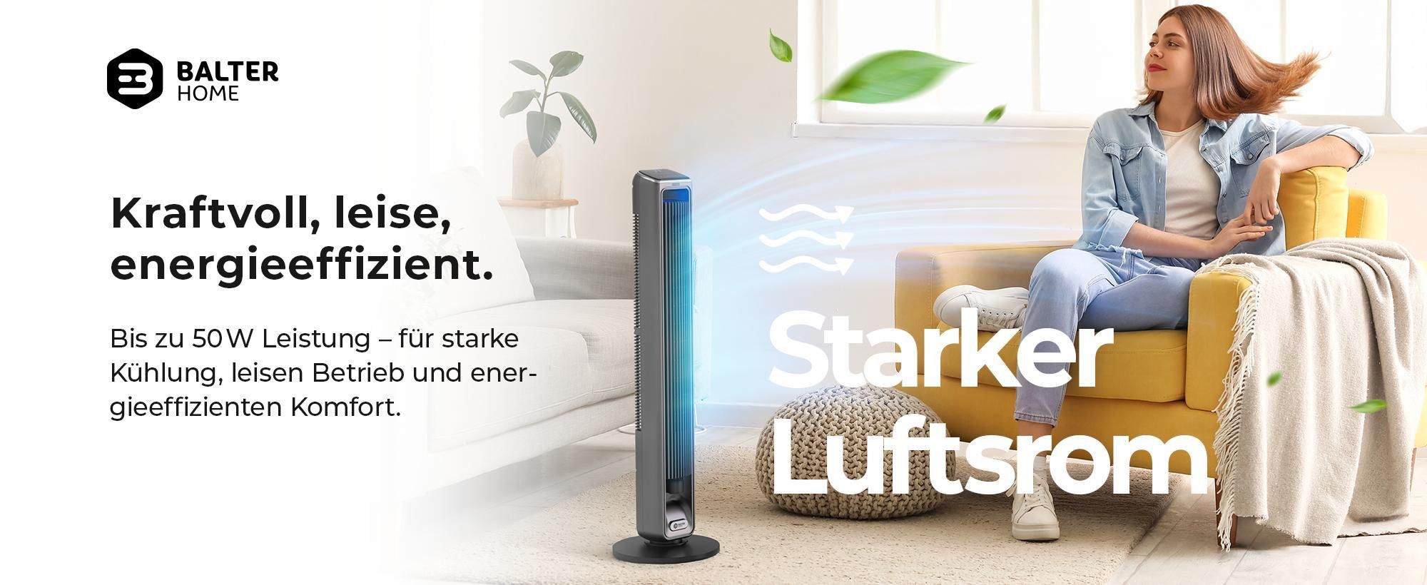 Balter Turmventilator mit Fernbedienung, Standventilator, Oszillation, 50W, 3 Geschwindigkeiten, 3 Modi, Timer bis 15 Std, Mobiler Luftkühler, leise