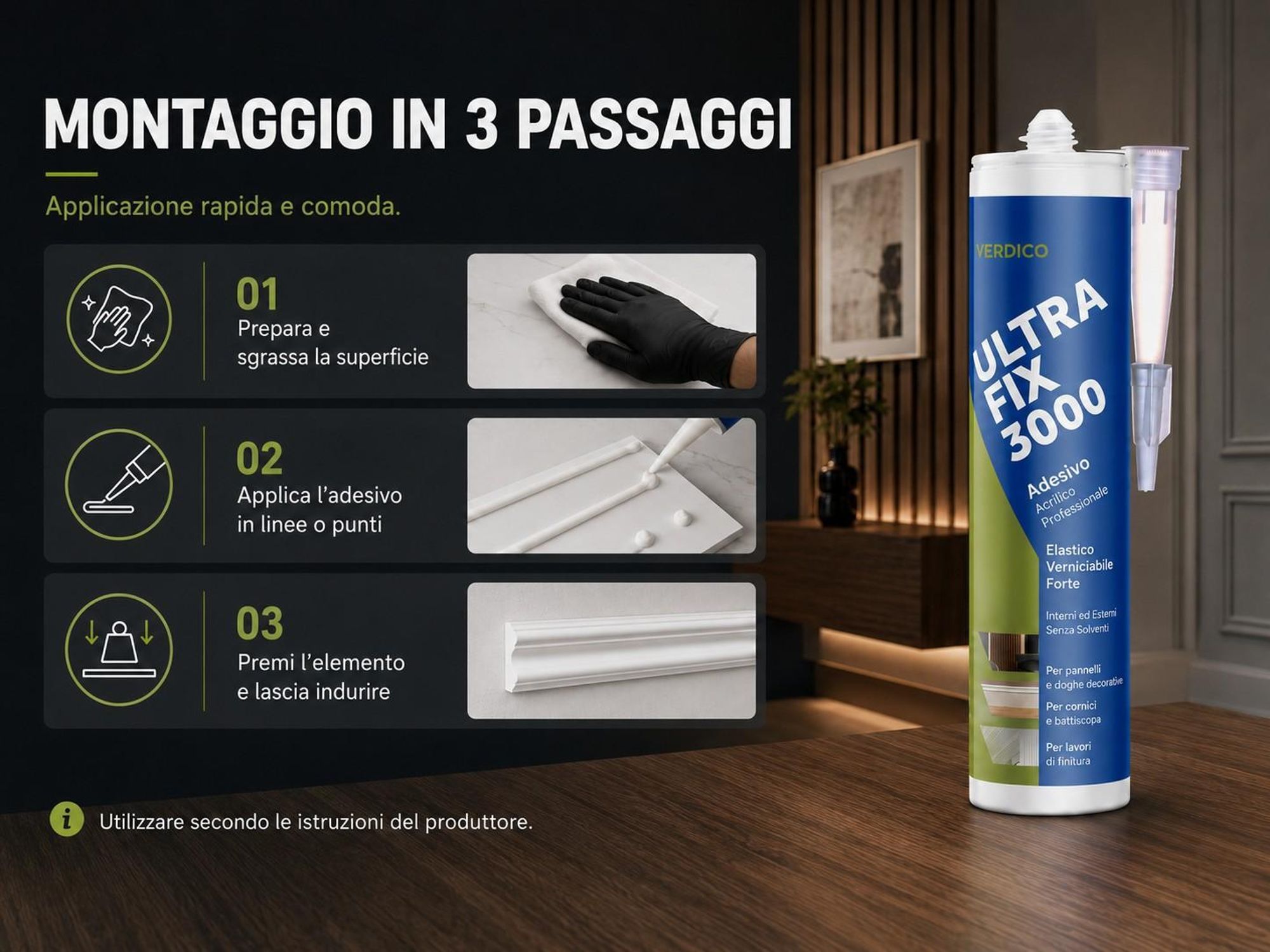 Colla acrilica da montaggio Ultra Fix 3000 per listelli, profili e lavori di ristrutturazione.