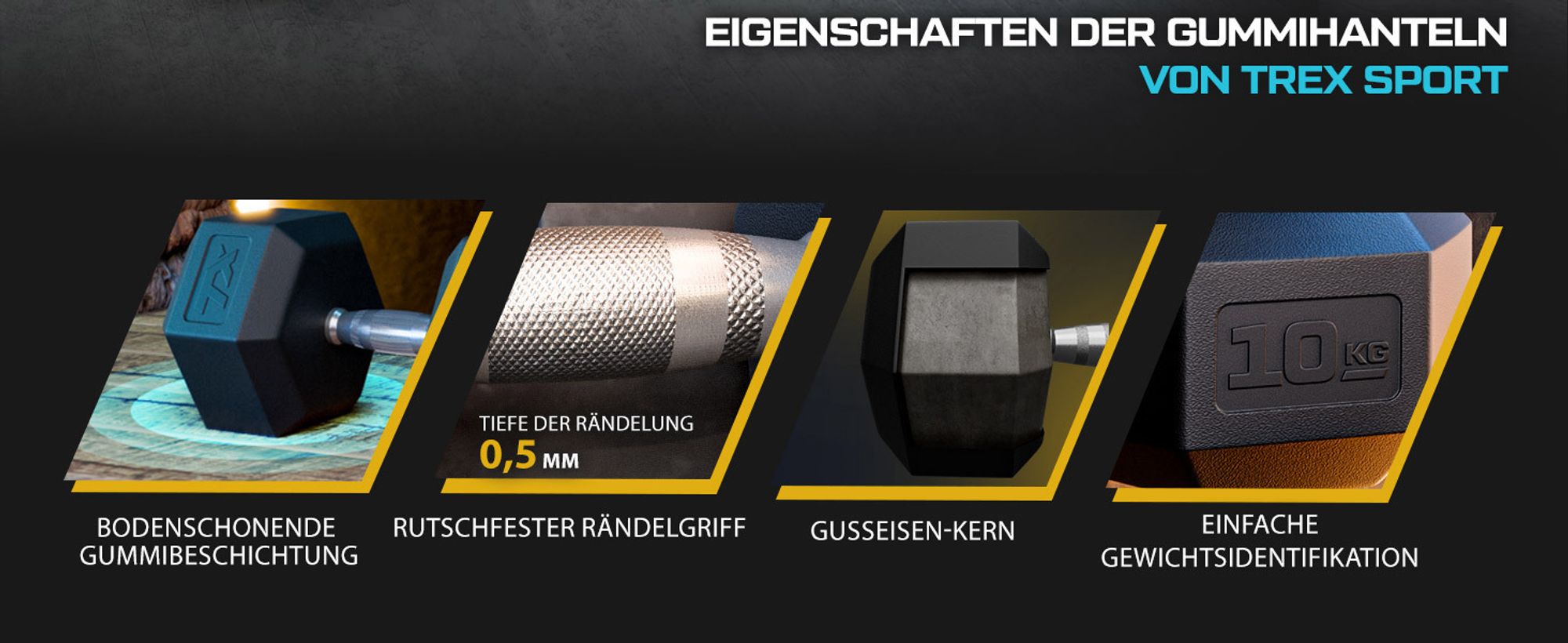 TREX SPORT Hexagon Gusseisen Kurzhantel TX-200RD | 1 Stück gummierte Hantel 20 kg mit verchromtem Griff | Dumbbell, Gewicht rutschfest, bodenschonend