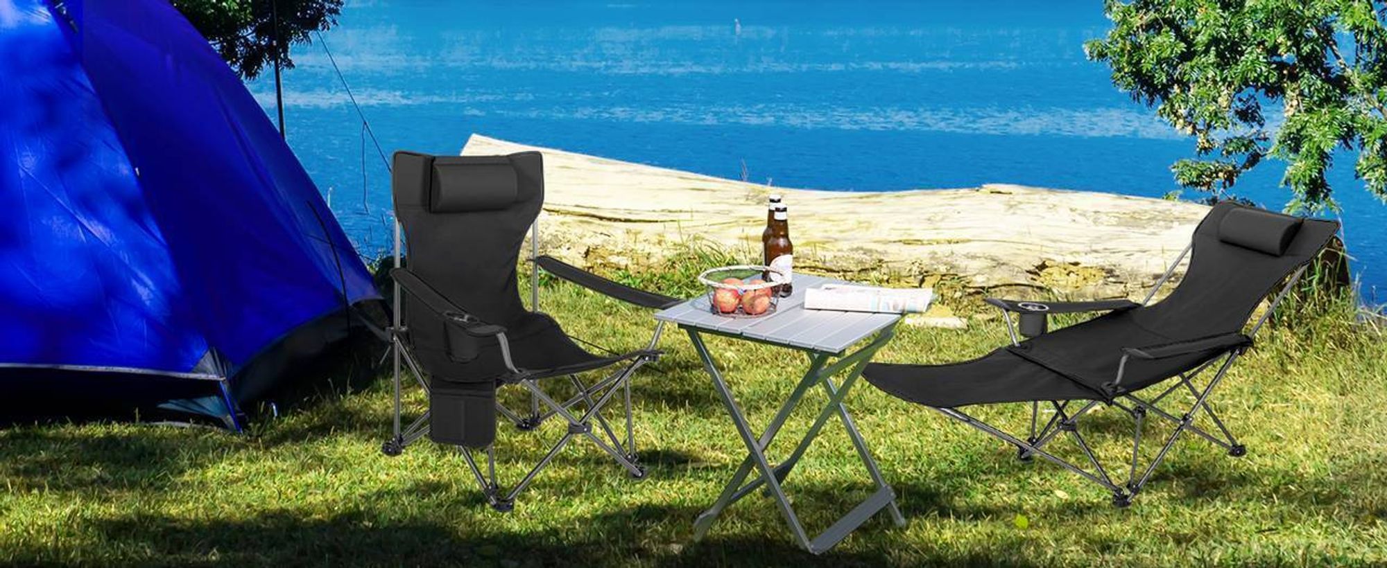 WOLTU 2er Set Campingstuhl, Klappstuhl, Liegestuhl, für Outdoor, Schwarz