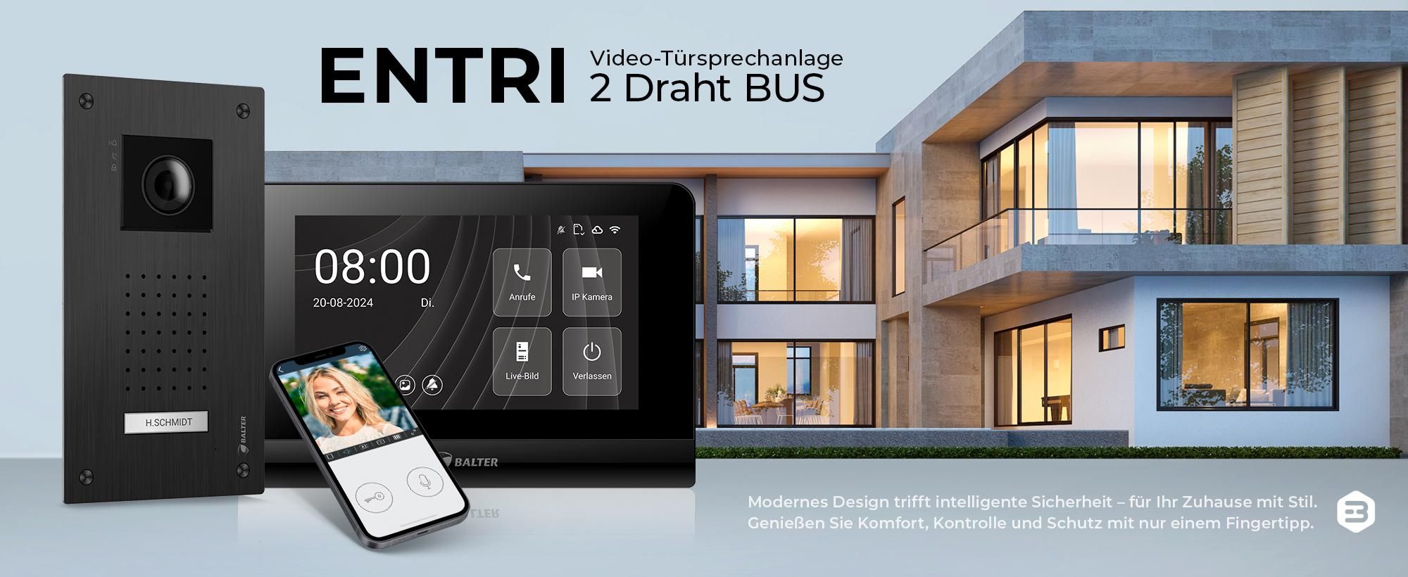 Entri L Video Türsprechanlage, 1 Familienhaus 2x 7-Zoll HD Monitor, 2-Draht, Unterputz Türklingel mit Kamera, Smartphone App, Full HD Kamera, schwarz