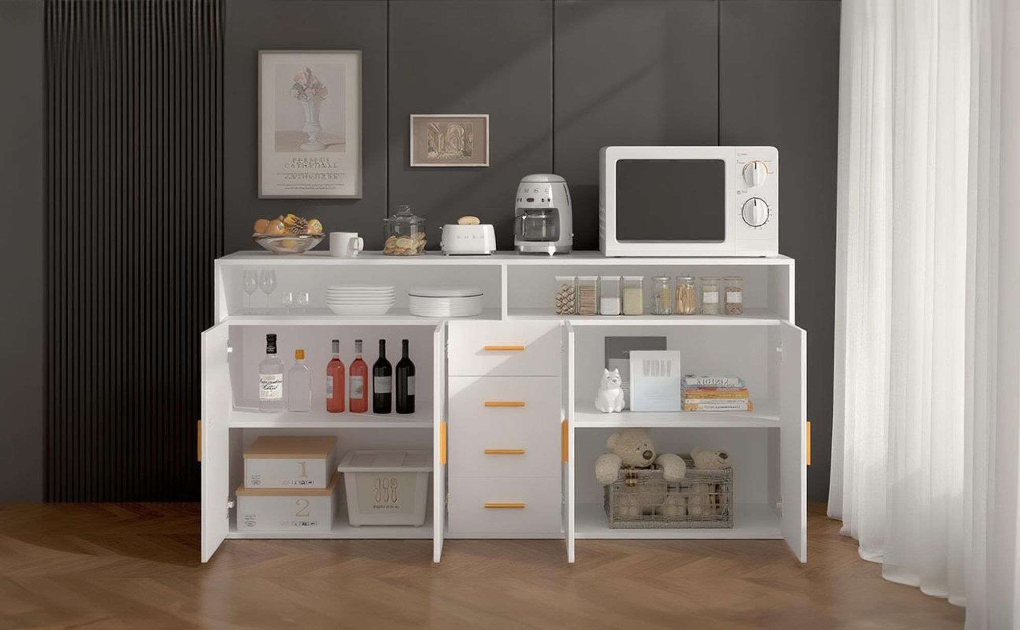 HOMAVO BG1-L Sideboard – Modernes Design für Wohnzimmer, Flur oder Esszimmer, 4 Schubladen, 2 Türen, 2 offene Fächer, pflegeleichte Melaminoberfläche
