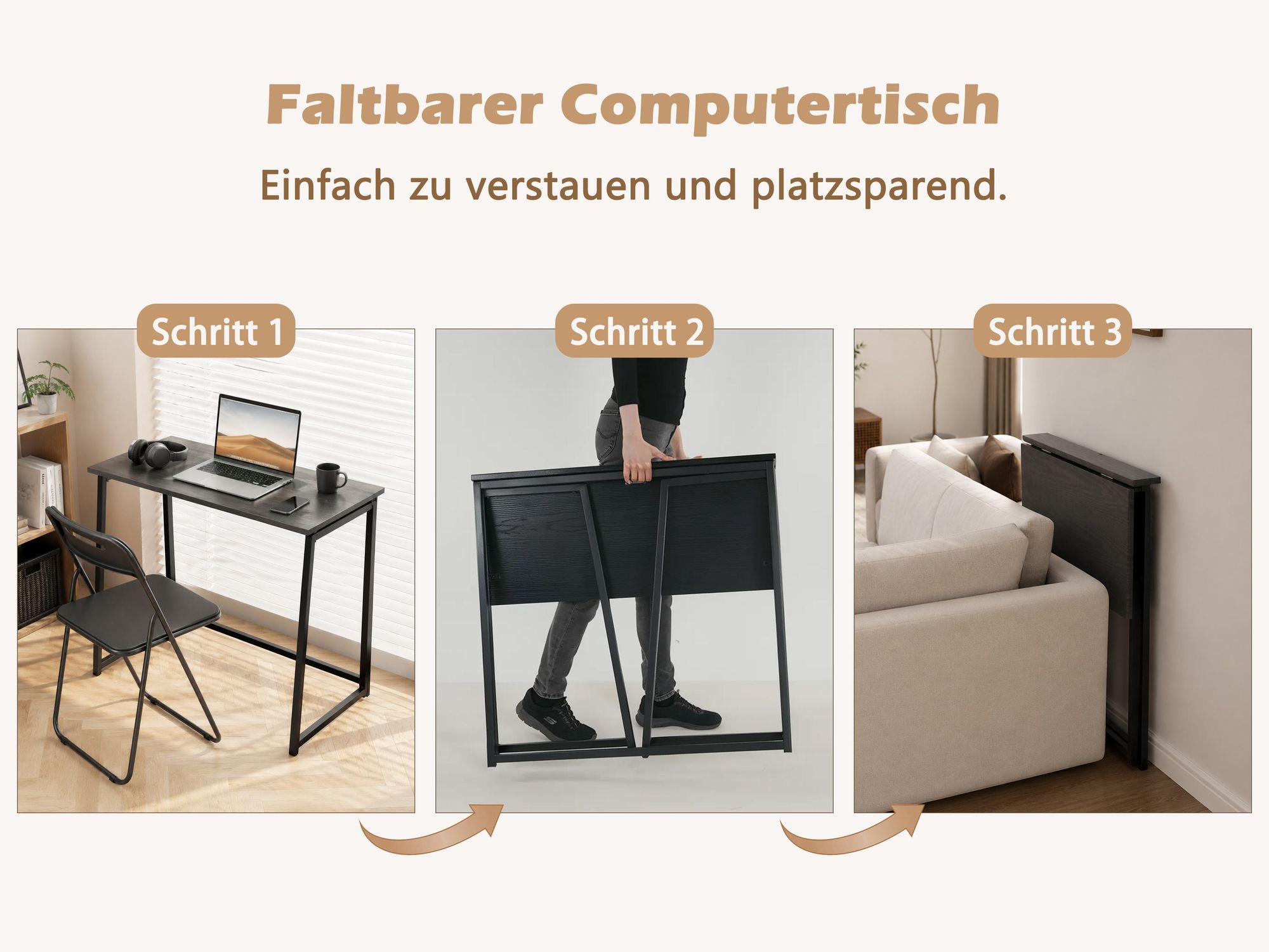 Meubles Cosy Klappbarer Schreibtisch / Computertisch im Industrial-Stil aus Holz und schwarzem Metall - ASCOLI