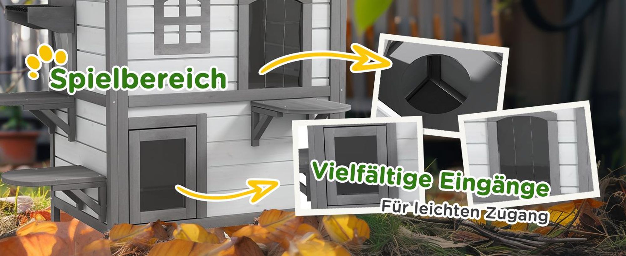 PawHut Katzenhaus aus Holz, Outdoor Katzenhütte mit Treppe, 2-Etagen, Kleintierhaus für Katzen bis 4,5 kg, Weiß, 99,5 x 76 x 91 cm