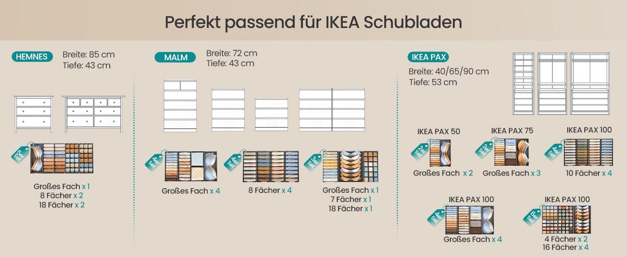 SONGMICS Schubladen-Organizer 4er Set, Unterwäsche-Organizer für IKEA HEMNES und MALM Kommoden, faltbar, grau