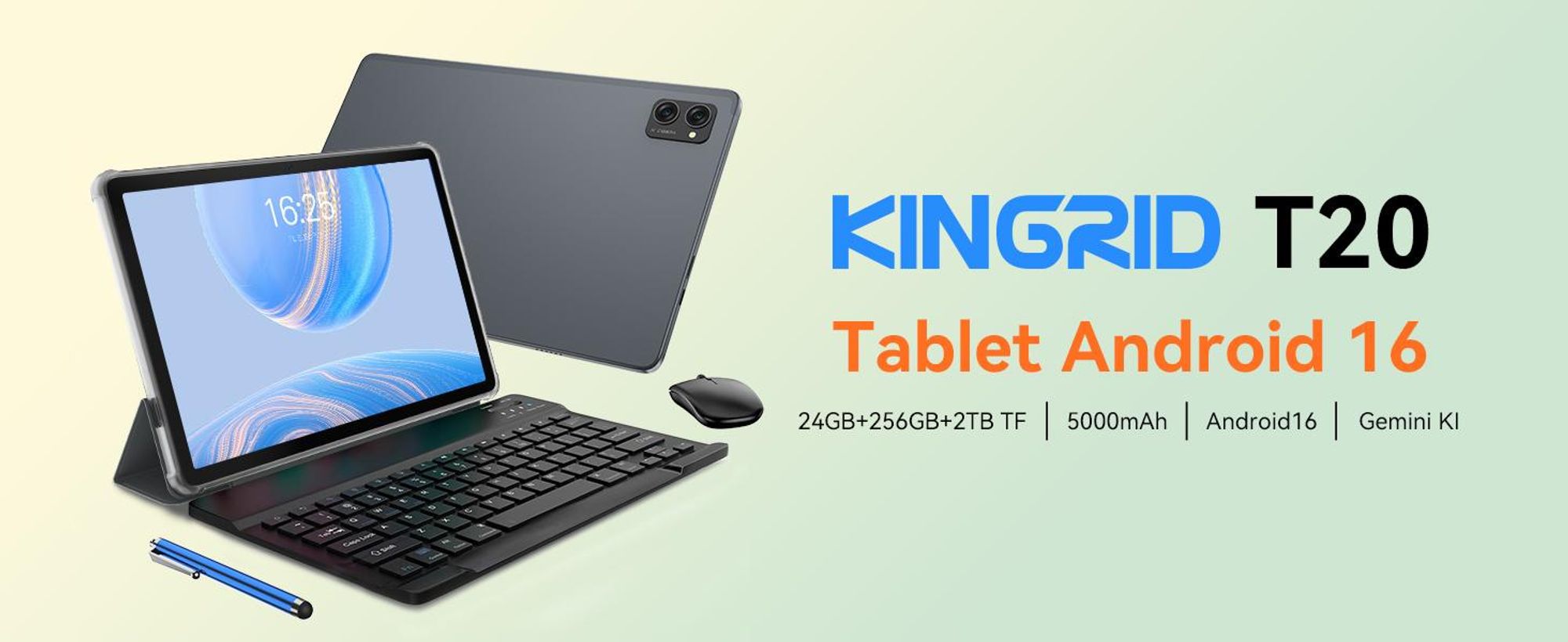 KINGRID Android 16 Tablet mit Tastatur, 24(8+16)GB RAM+256GB ROM (2TB TF), 10" Gaming Tablet, 5000mAh, Gemini AI, Widevine L1, 5G-WiFi, Face ID