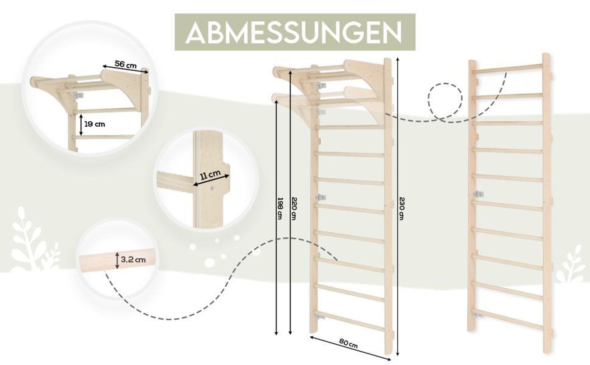 Sprossenwand mit Klimmzugstange für Erwachsene (230 cm) | Holz-Kletterwand | Multifunktionales Fitnessgerät | Kletterleiter für Erwachsene & Kinder