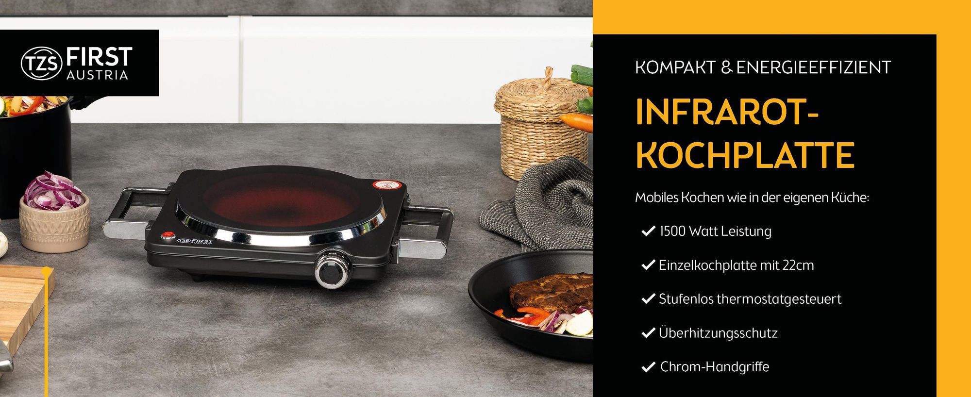 TZS First Austria Infrarot Kochplatte, Glaskeramik, mit Infrarot Wärme, 1500W, mobiles Kochfeld, silber-schwarz