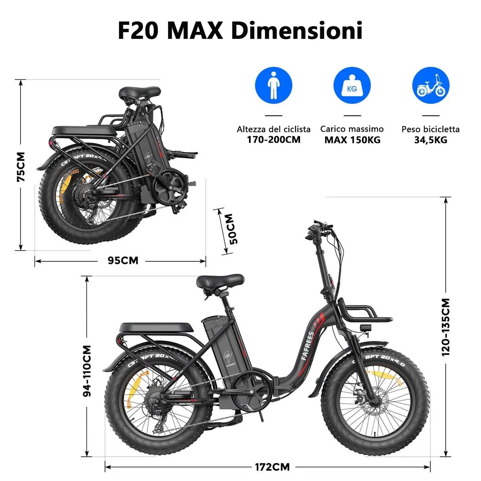 Electric Bike FAFREES F20 Max - Batteria 48V30AH Pneumatico 20" Freno a disco meccanico - Nero